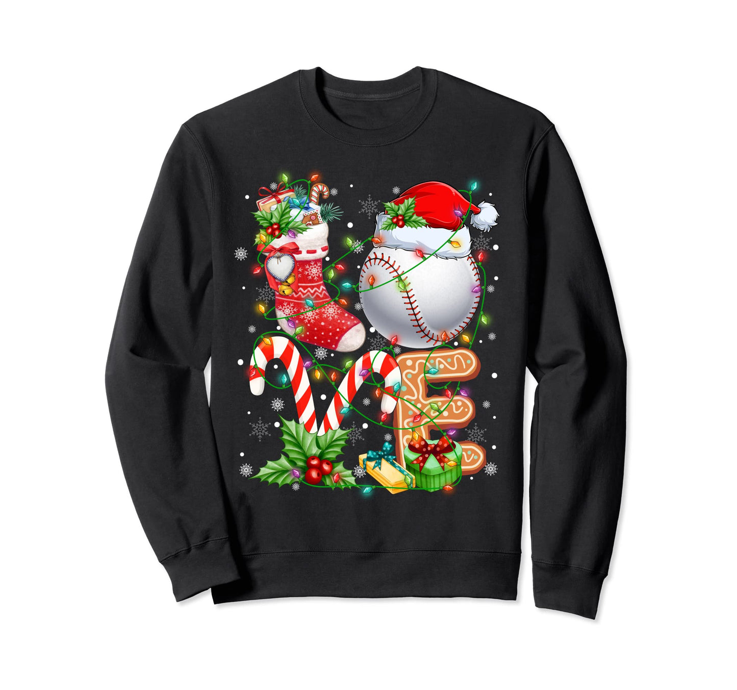 Baseball Ball Santa Love Lights Sweatshirt - Casual Everyday Wear Men Women - T-Shirt, Sweatshirt, Hoodie