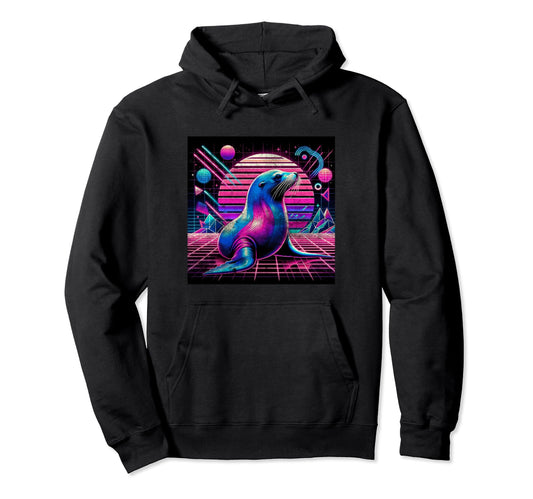 80S Sea Lion Synthwave Ocean Animal Hoodie - Graphic Print Unisex - T-Shirt, Sweatshirt, Hoodie