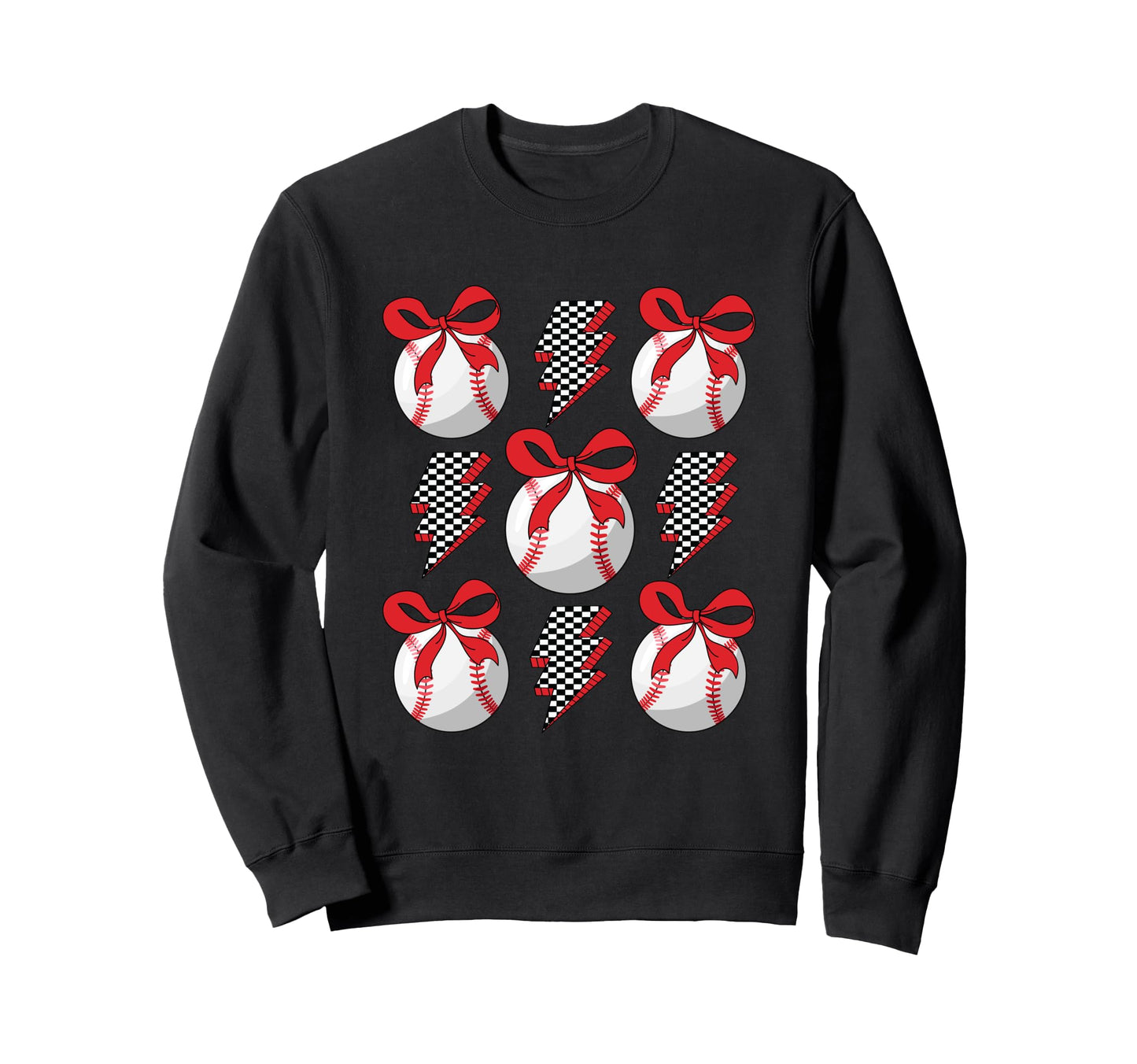Baseball Lightning Checkered Bow Sweatshirt - Aesthetic Graphic Unisex - T-Shirt, Sweatshirt, Hoodie
