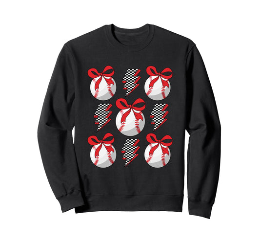 Baseball Lightning Checkered Bow Sweatshirt - Aesthetic Graphic Unisex - T-Shirt, Sweatshirt, Hoodie