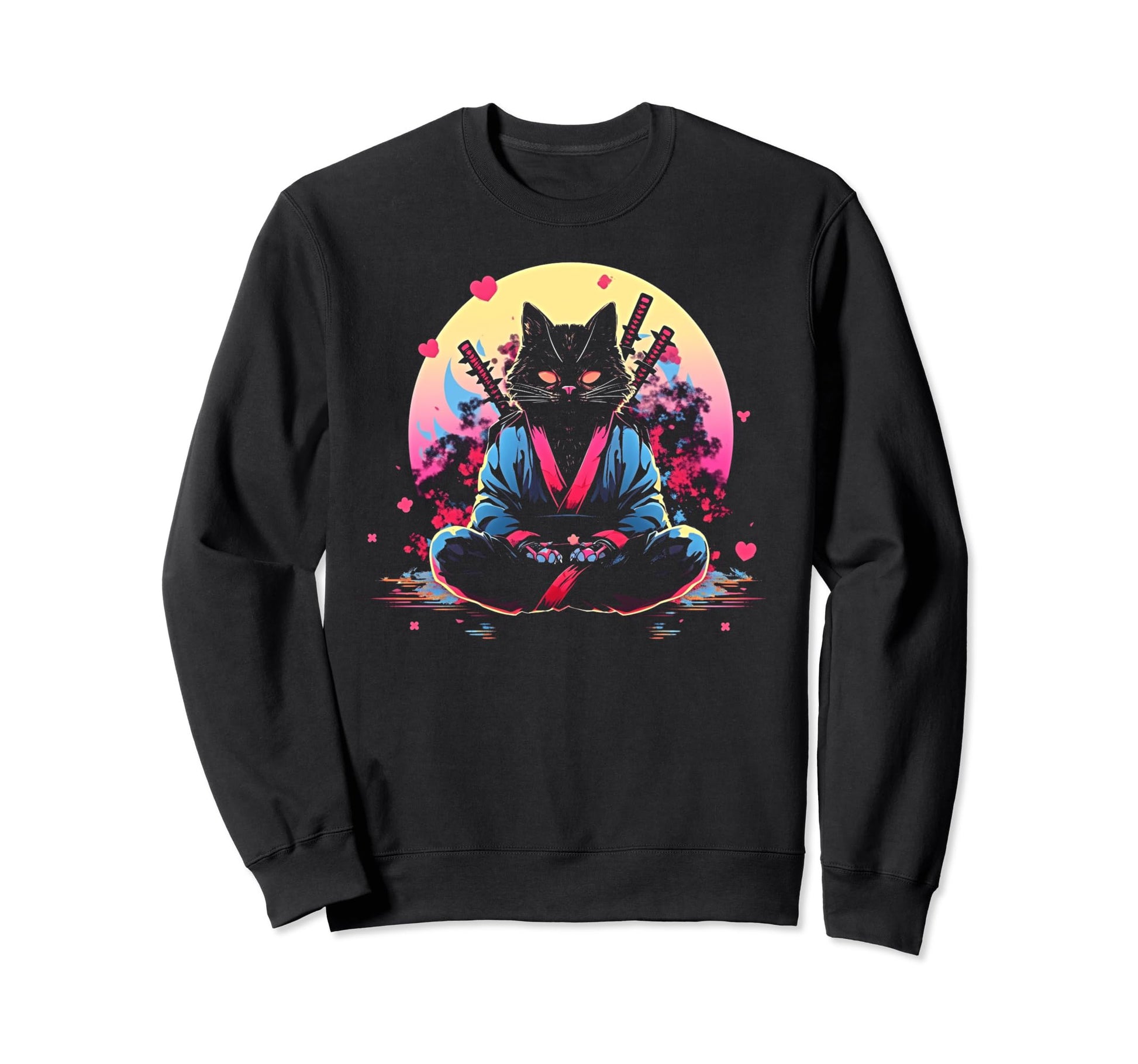 Synthwave Cat Samurai Mediation Sweatshirt - Novelty Apparel Men Women - T-Shirt, Sweatshirt, Hoodie