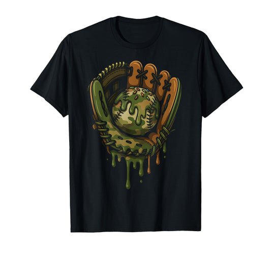 Baseball Drip Camo Baseball Glove T-Shirt - Casual Everyday Wear Men Women - T-Shirt, Sweatshirt, Hoodie