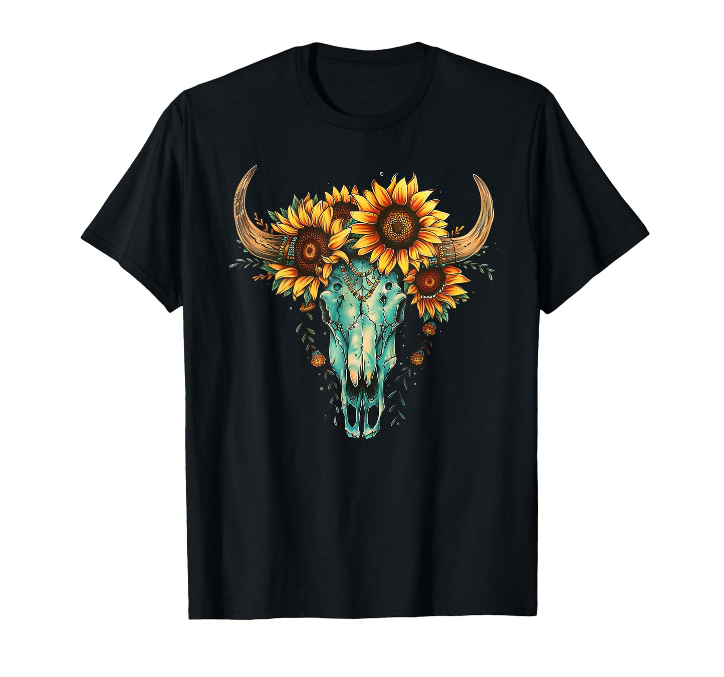 Boho Skull Western Sunflower Turquoise T-Shirt - Trendy Graphic Men Women - T-Shirt, Sweatshirt, Hoodie