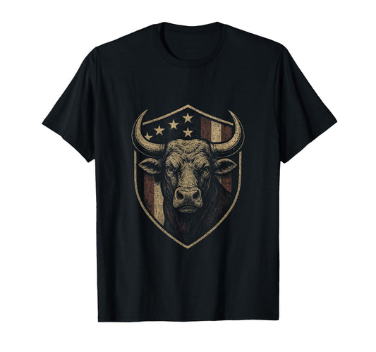 American Flag Bull Patriotic Cowboy T-Shirt - Novelty Apparel for Adults - T-Shirt, Sweatshirt, Hoodie