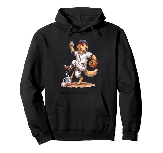 Baseball Golden Retriever Coffee Funny Hoodie - Graphic Print Men Women - T-Shirt, Sweatshirt, Hoodie