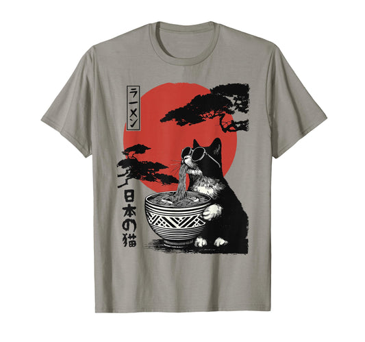 Anime Cat Eating Ramen Japanese T-Shirt - Unique Graphic for Adults - T-Shirt, Sweatshirt, Hoodie