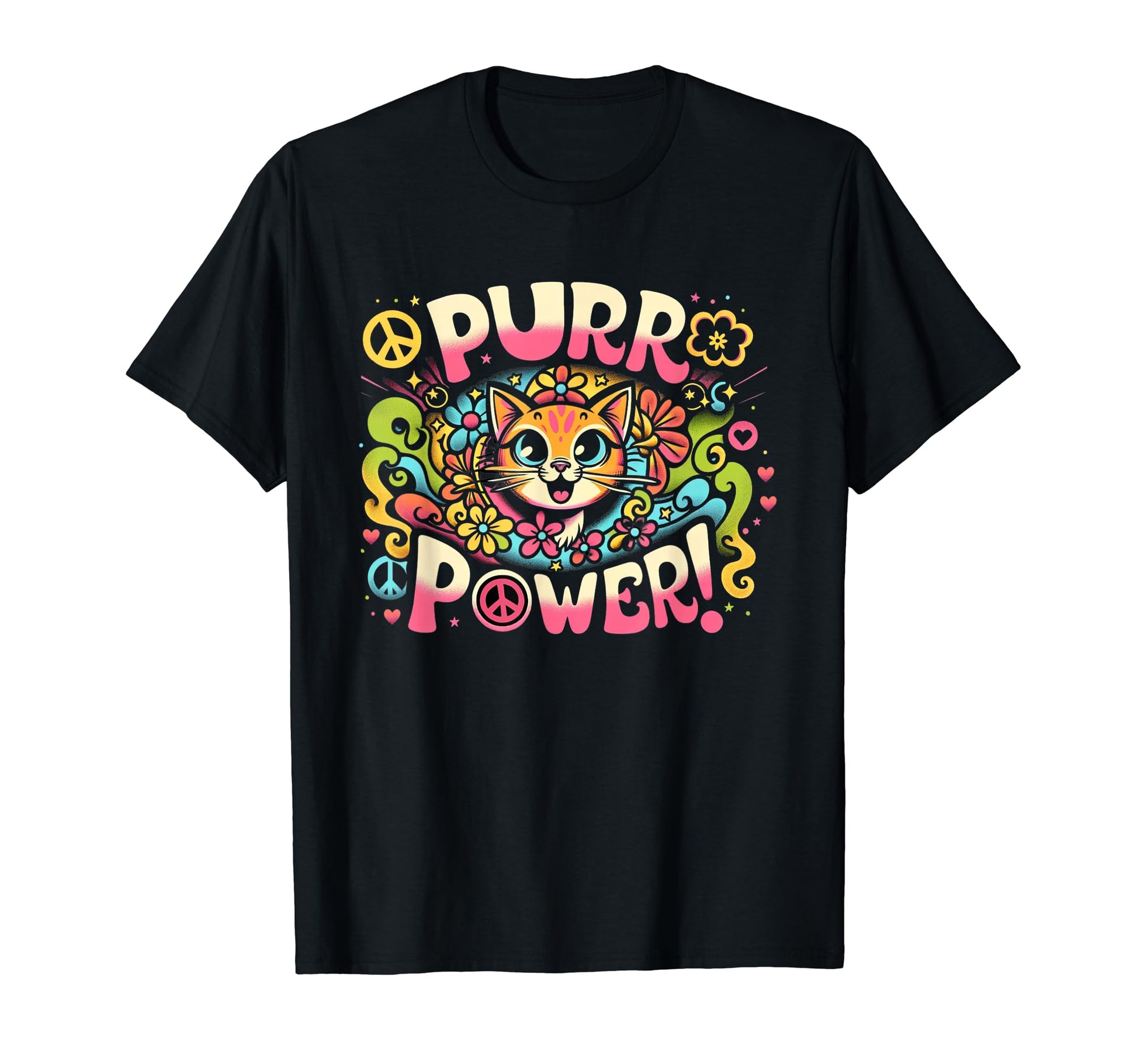Hippie Cat 60S Purr Power T-Shirt - Casual Everyday Wear Unisex - T-Shirt, Sweatshirt, Hoodie