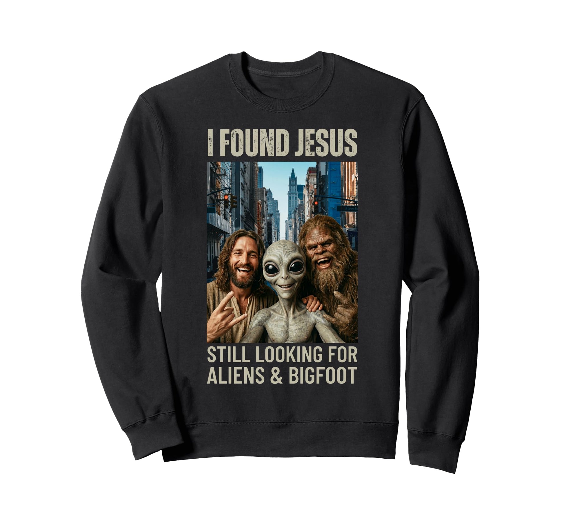 Funny Bigfoot Alien Jesus Rock Hand Sweatshirt - Aesthetic Graphic Unisex - T-Shirt, Sweatshirt, Hoodie