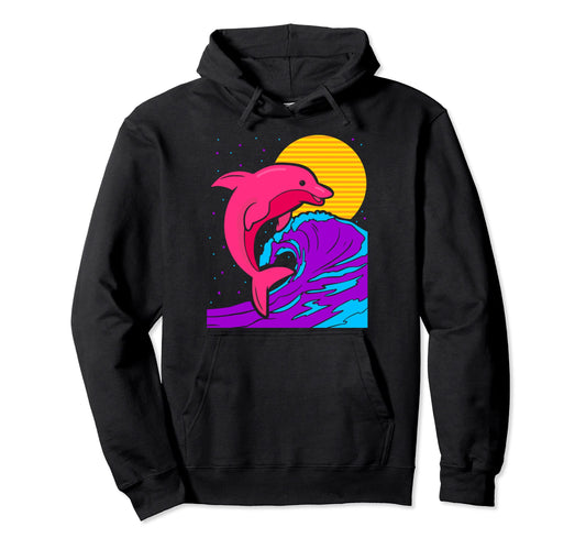80S Wave Dolphin Electro Wave Synthwave Hoodie - Fun Novelty Design Unisex - T-Shirt, Sweatshirt, Hoodie