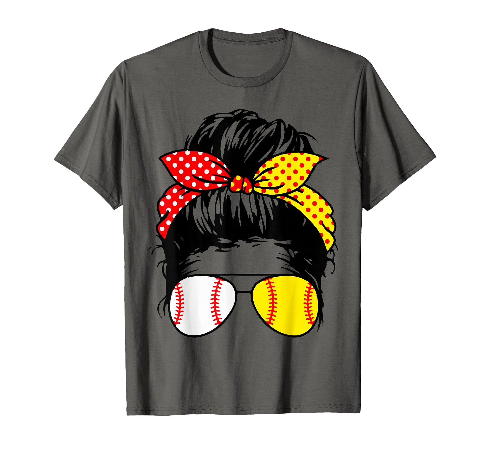 Baseball Softball Ball Mom Red Yellow Bow T-Shirt - Unique Graphic Unisex - T-Shirt, Sweatshirt, Hoodie