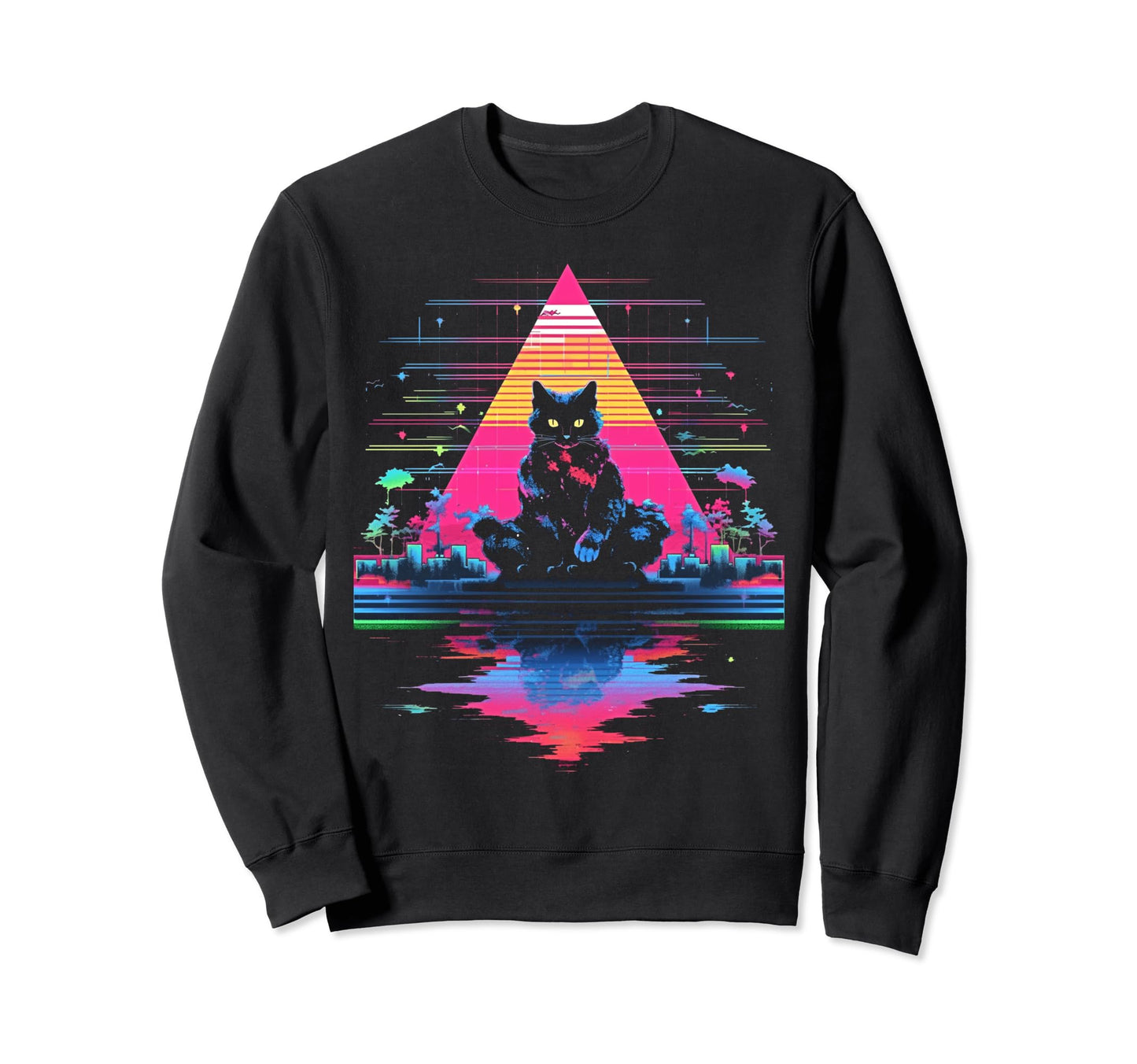 Synthwave Cat Samurai Sweatshirt - Casual Everyday Wear Men Women - T-Shirt, Sweatshirt, Hoodie