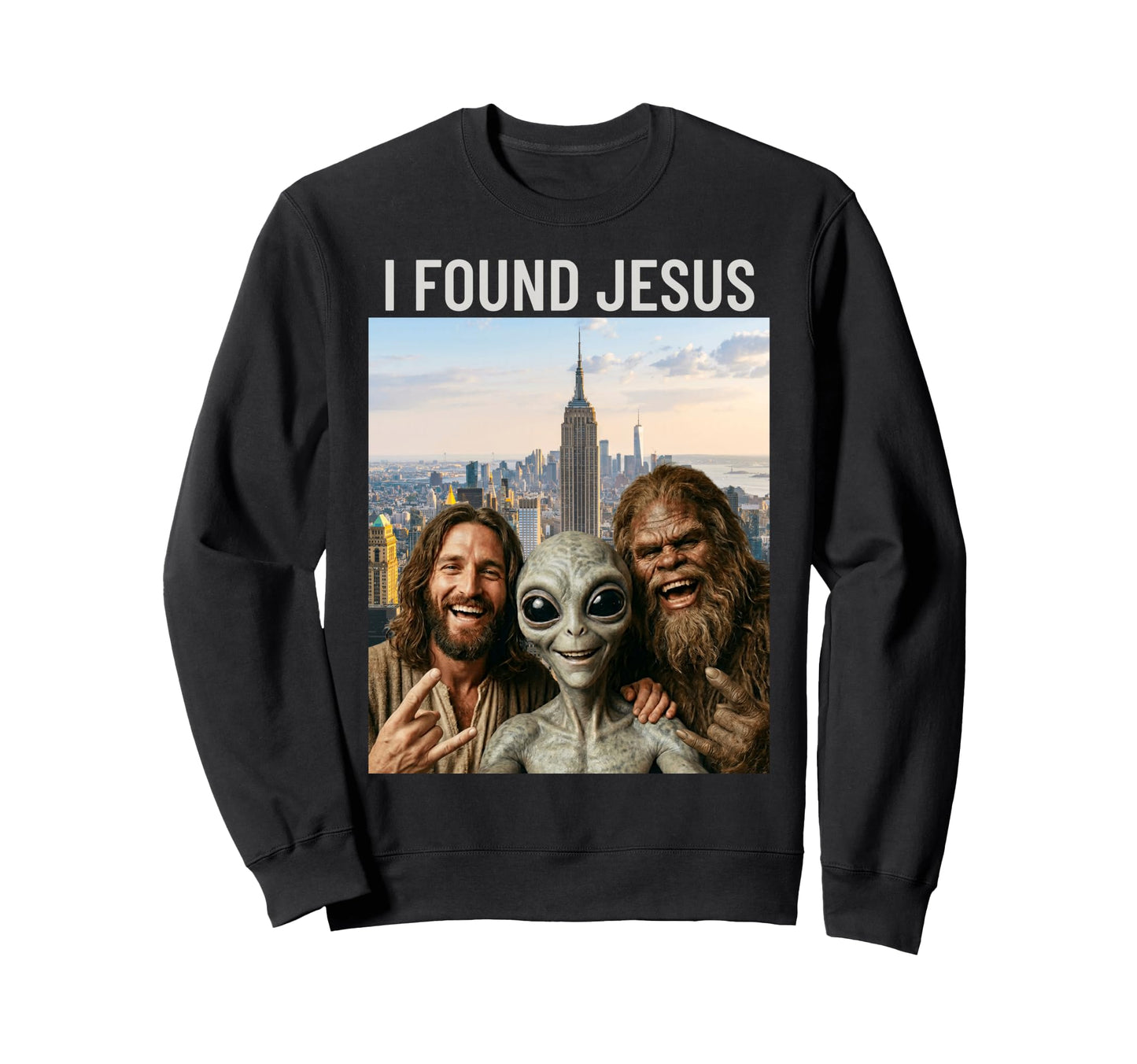 Funny Bigfoot Alien Jesus Rock Hand Sweatshirt - Graphic Print Men Women - T-Shirt, Sweatshirt, Hoodie