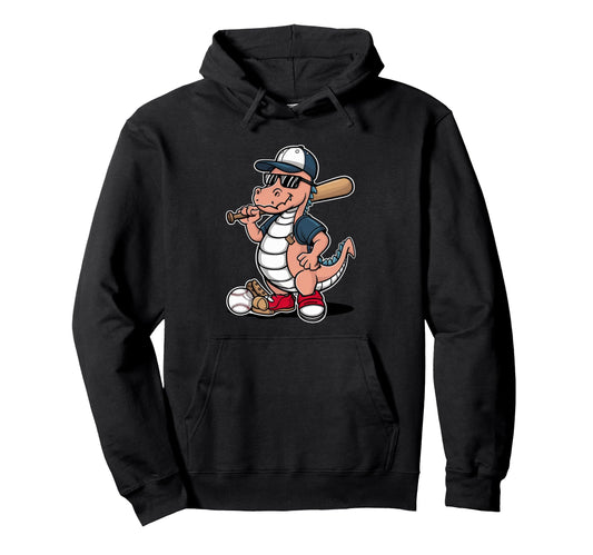Baseball Dinosaur Cartoon Sports Fan Dino Art Hoodie - Graphic Print Unisex - T-Shirt, Sweatshirt, Hoodie