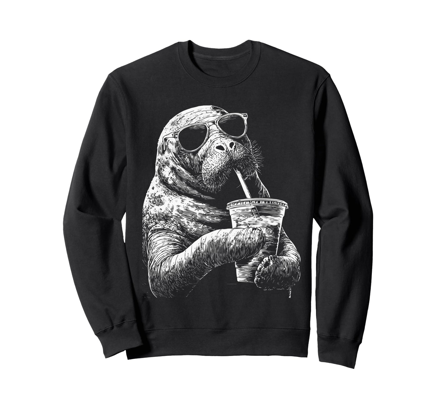 Manatee Drinking Iced Coffee Funny Sweatshirt - Graphic Print Men Women - T-Shirt, Sweatshirt, Hoodie