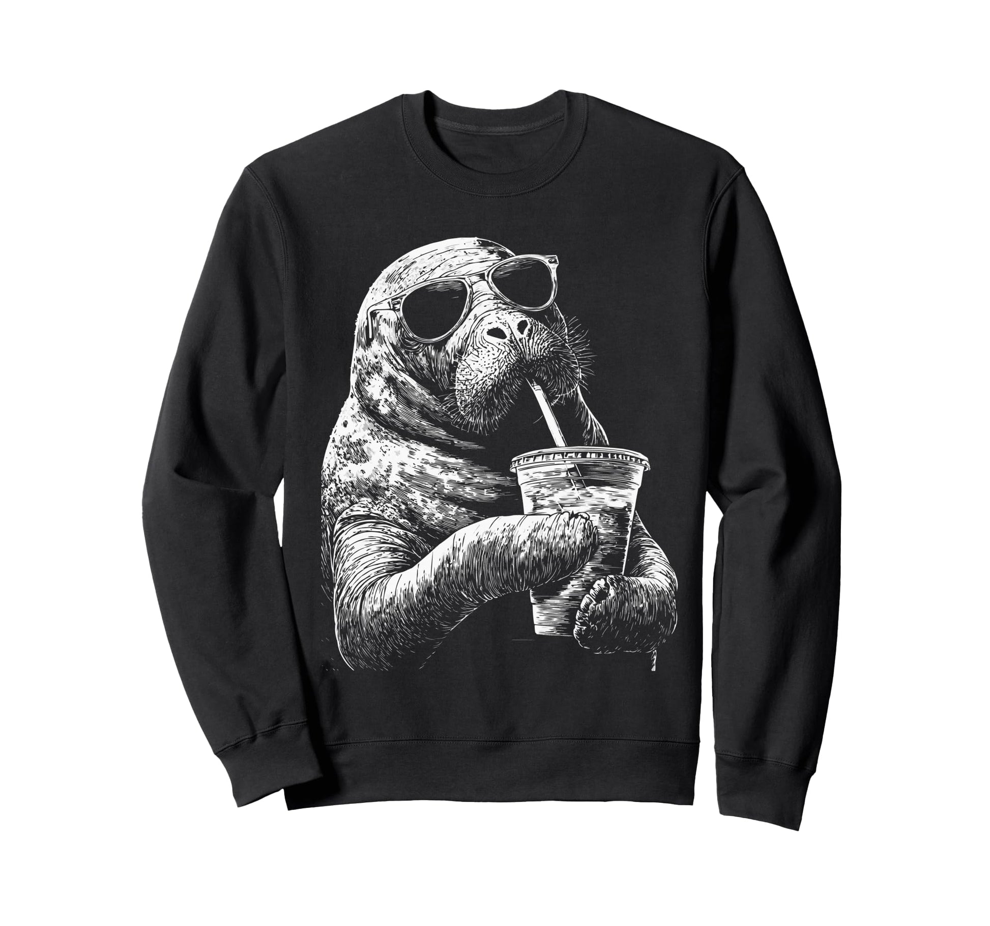 Manatee Drinking Iced Coffee Funny Sweatshirt - Graphic Print Men Women - T-Shirt, Sweatshirt, Hoodie