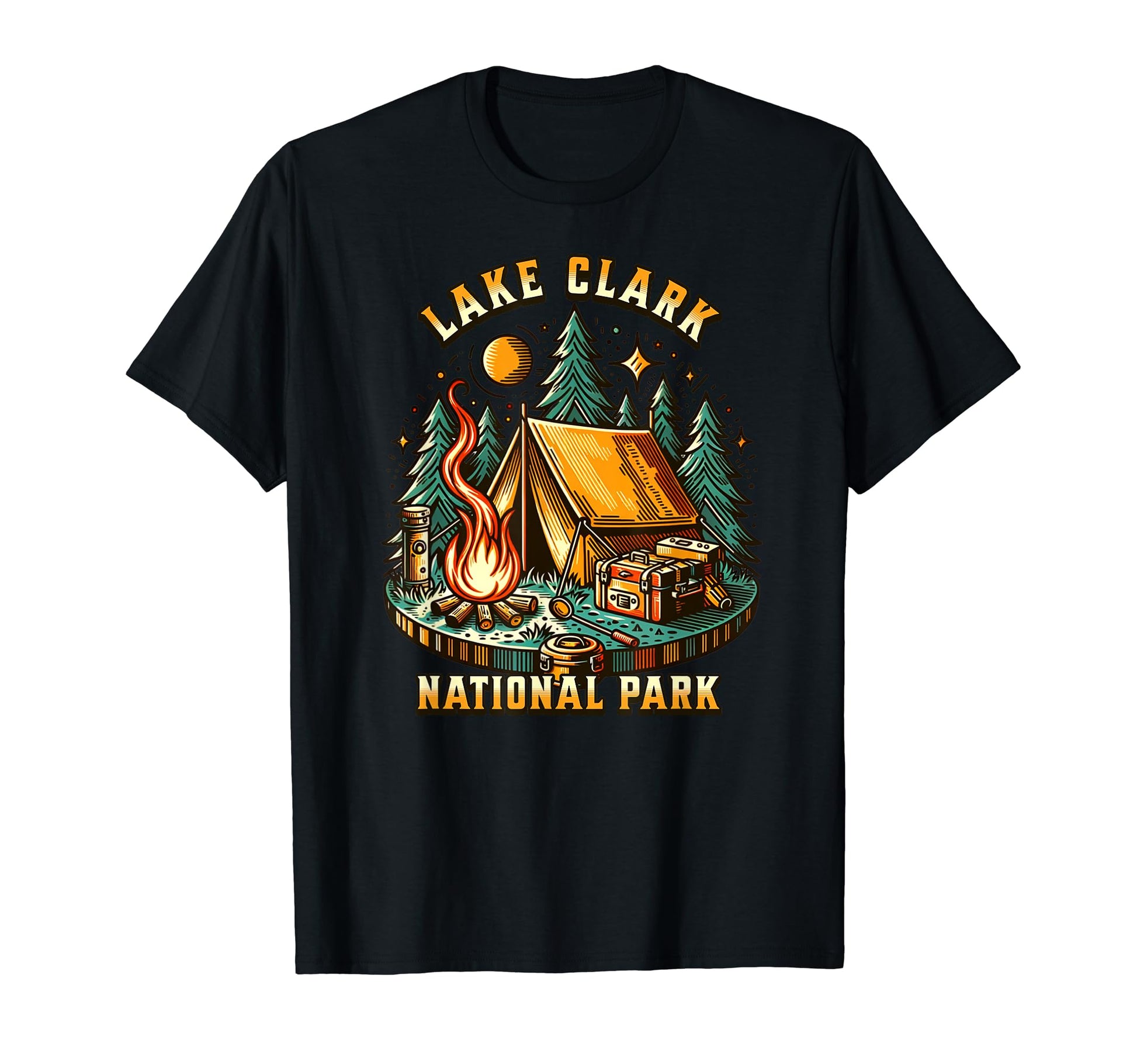 Camping Forest Tent Campfire Lake Clark T-Shirt - Graphic Print Unisex - T-Shirt, Sweatshirt, Hoodie