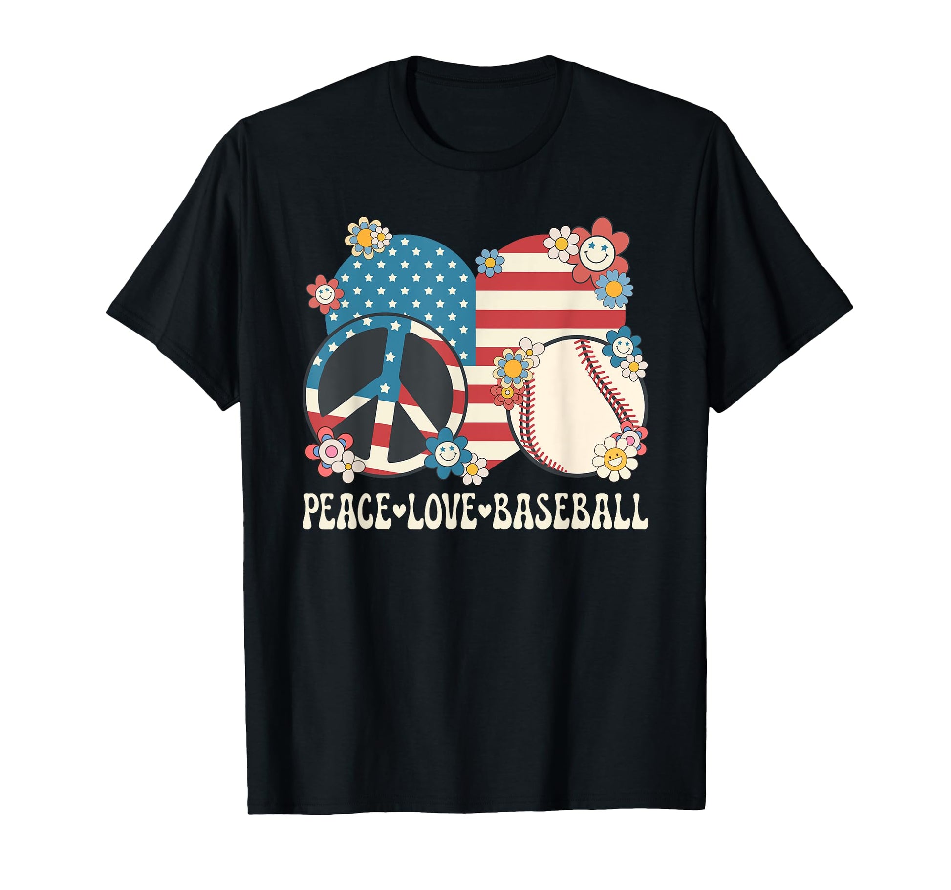 Peace Love Baseball Lover American Flag T-Shirt - Novelty Apparel Unisex - T-Shirt, Sweatshirt, Hoodie