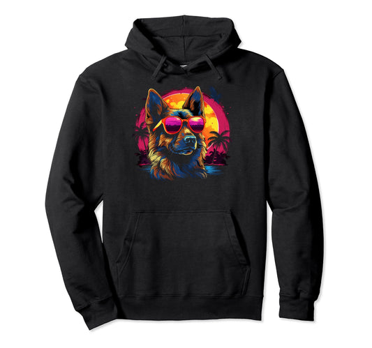 80S Synthwave German Shepherd Hoodie - Novelty Apparel for Adults - T-Shirt, Sweatshirt, Hoodie