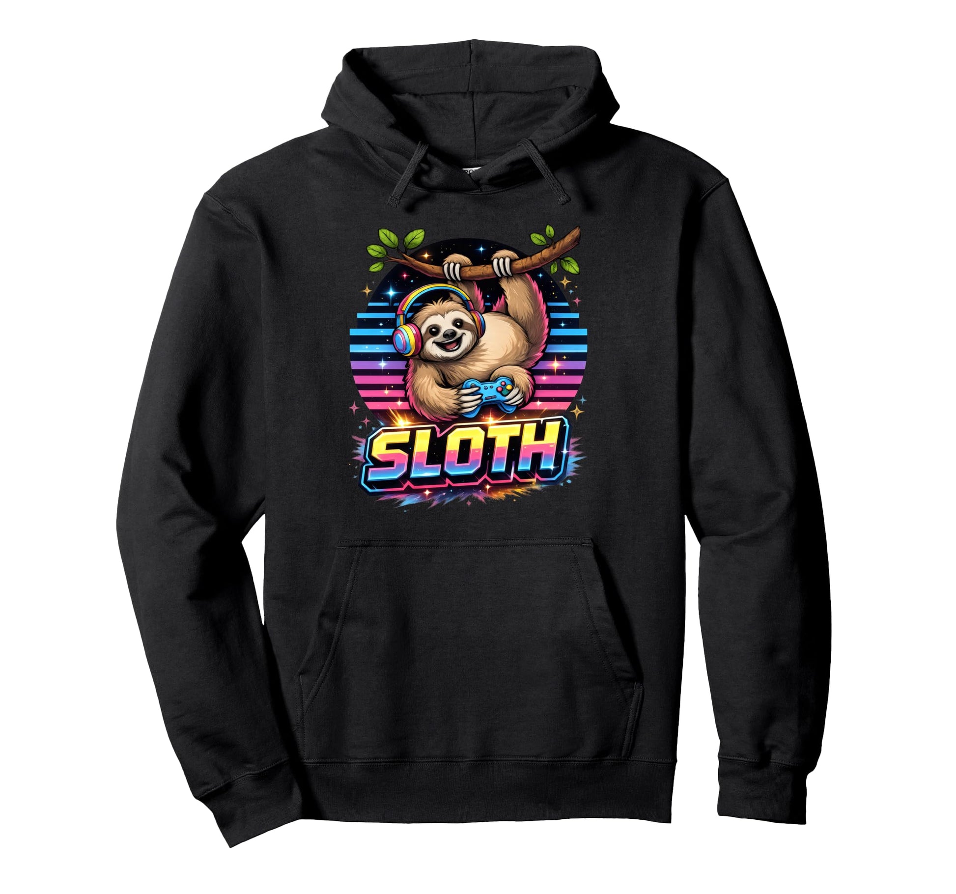 Synthwave Gamer Sloth Video Game Controller Hoodie - Unique Graphic Unisex - T-Shirt, Sweatshirt, Hoodie