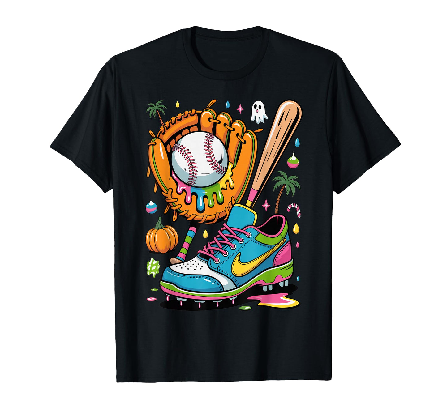 Colorful Dripping Baseball Glove Bat T-Shirt - Trendy Graphic for Adults - T-Shirt, Sweatshirt, Hoodie