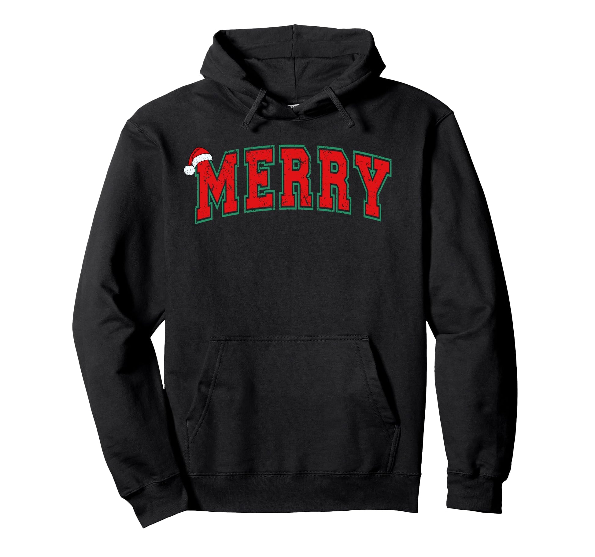 Merry Varsity Santa Hat Hoodie - Unique Graphic for Adults - T-Shirt, Sweatshirt, Hoodie