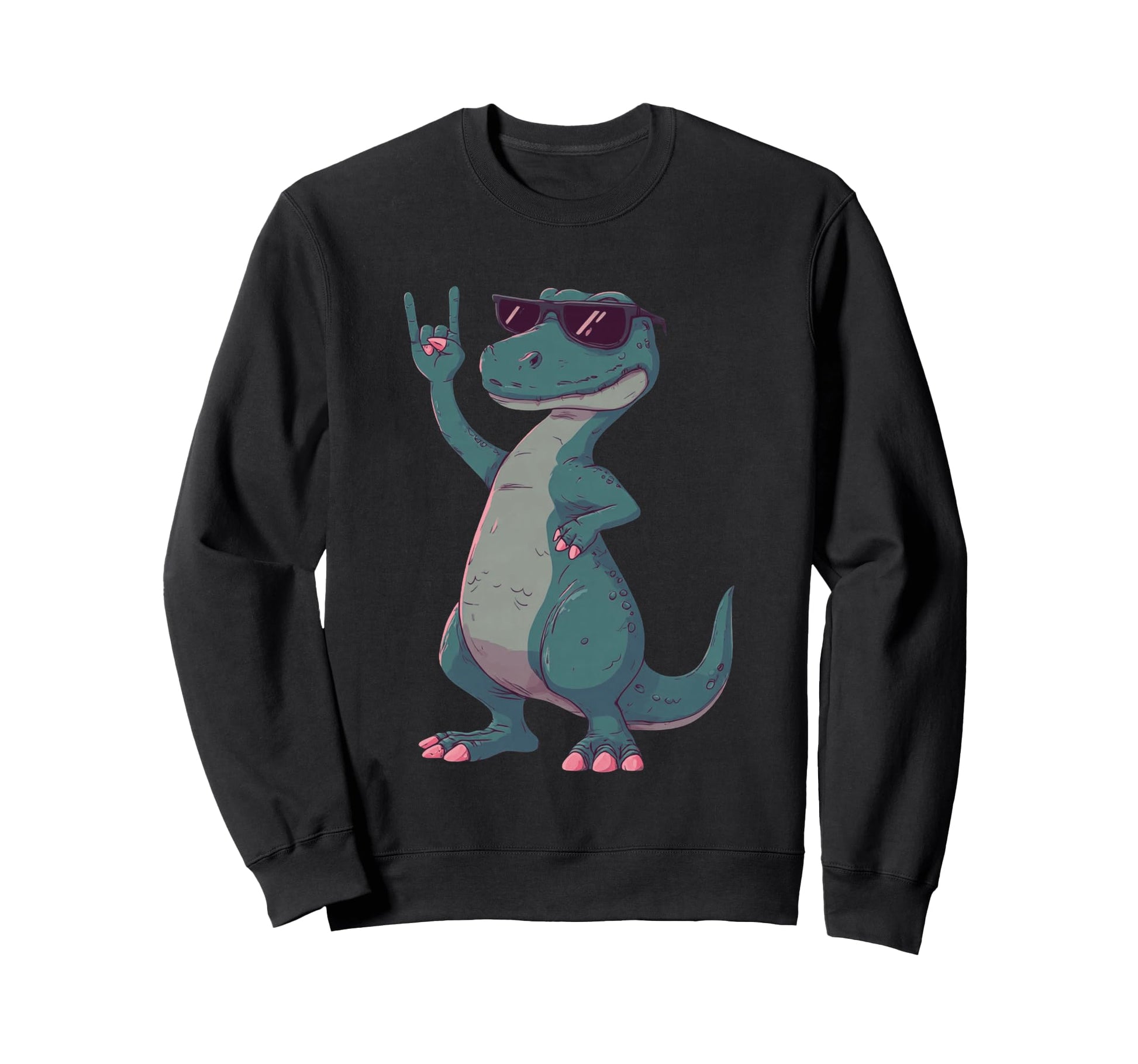 T Rex Dinosaur Rock Hand Sign Punk Sweatshirt - Unique Graphic Unisex - T-Shirt, Sweatshirt, Hoodie