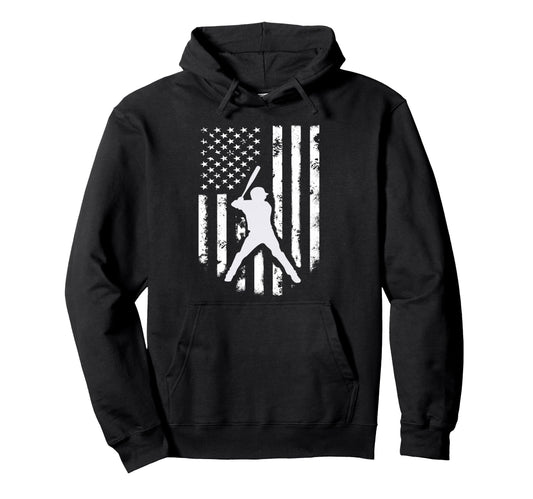 American Usa Flag Baseball Distressed Hooded Hoodie - Graphic Print Unisex - T-Shirt, Sweatshirt, Hoodie