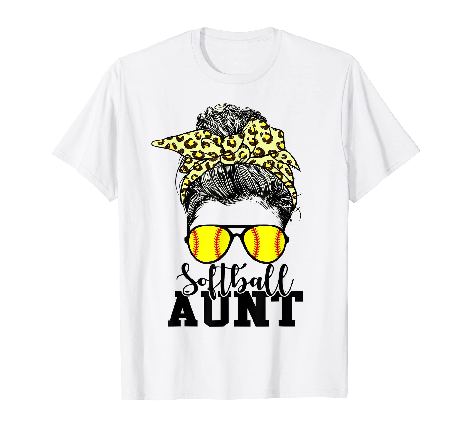 Softball Aunt Messy Bun Leopard Mothers T-Shirt - Graphic Print for Adults - T-Shirt, Sweatshirt, Hoodie