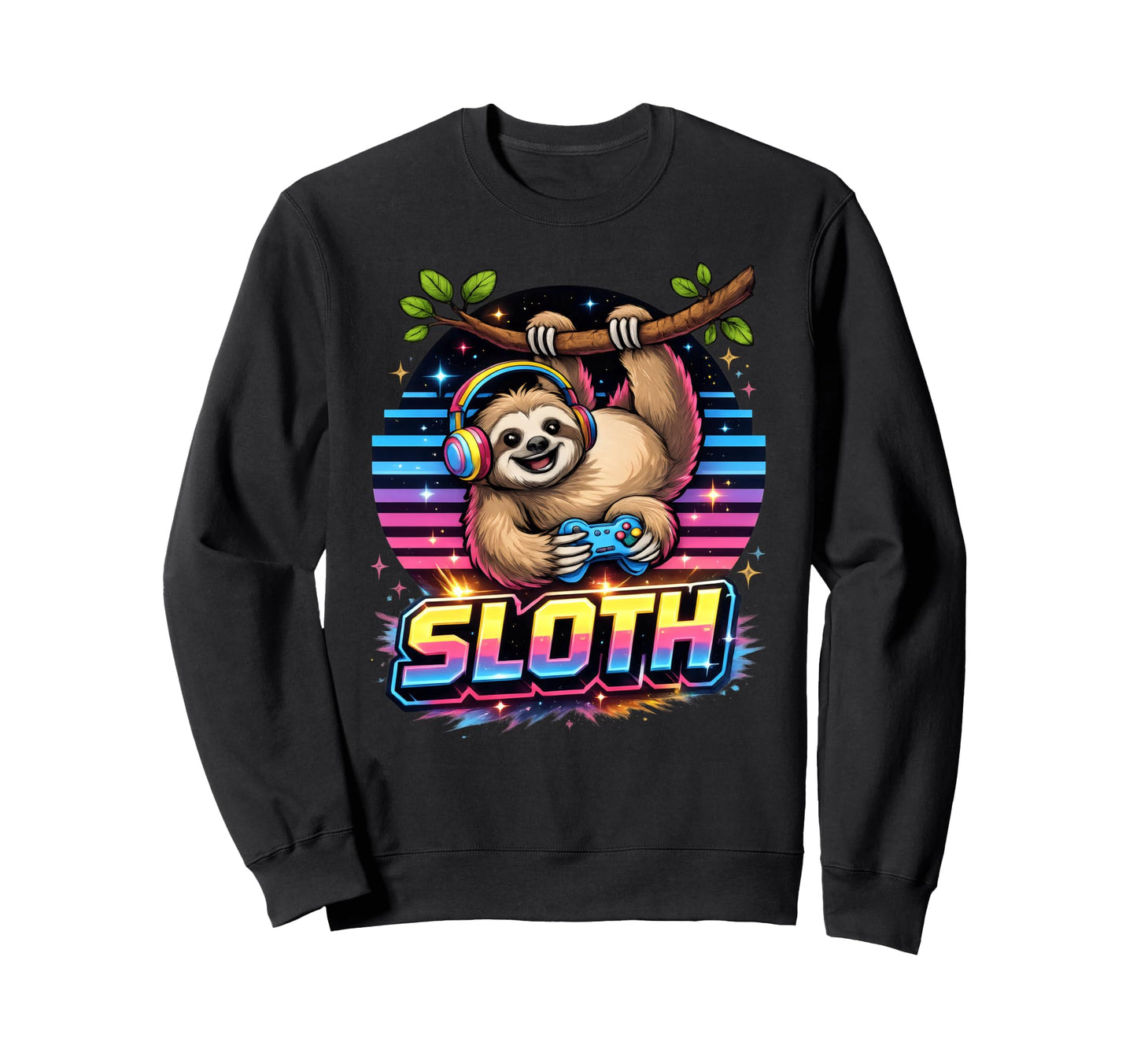 Synthwave Gamer Sloth Video Game Sweatshirt - Graphic Print for Adults - T-Shirt, Sweatshirt, Hoodie