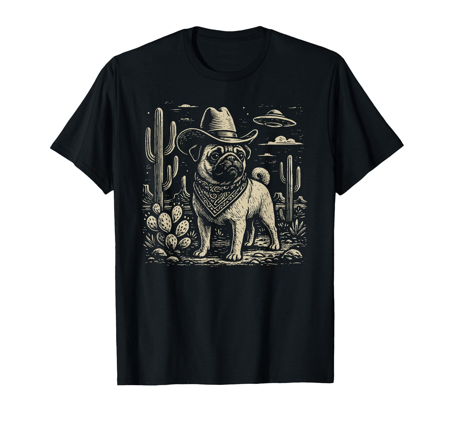Western Pug Cowboy Ufo Dog T-Shirt - Graphic Print Unisex - T-Shirt, Sweatshirt, Hoodie