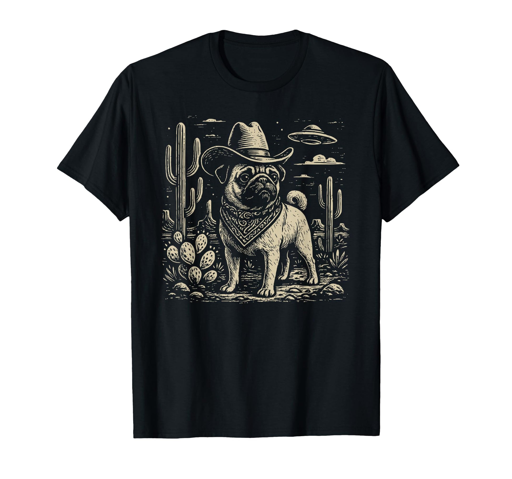 Western Pug Cowboy Ufo Dog T-Shirt - Graphic Print Unisex - T-Shirt, Sweatshirt, Hoodie