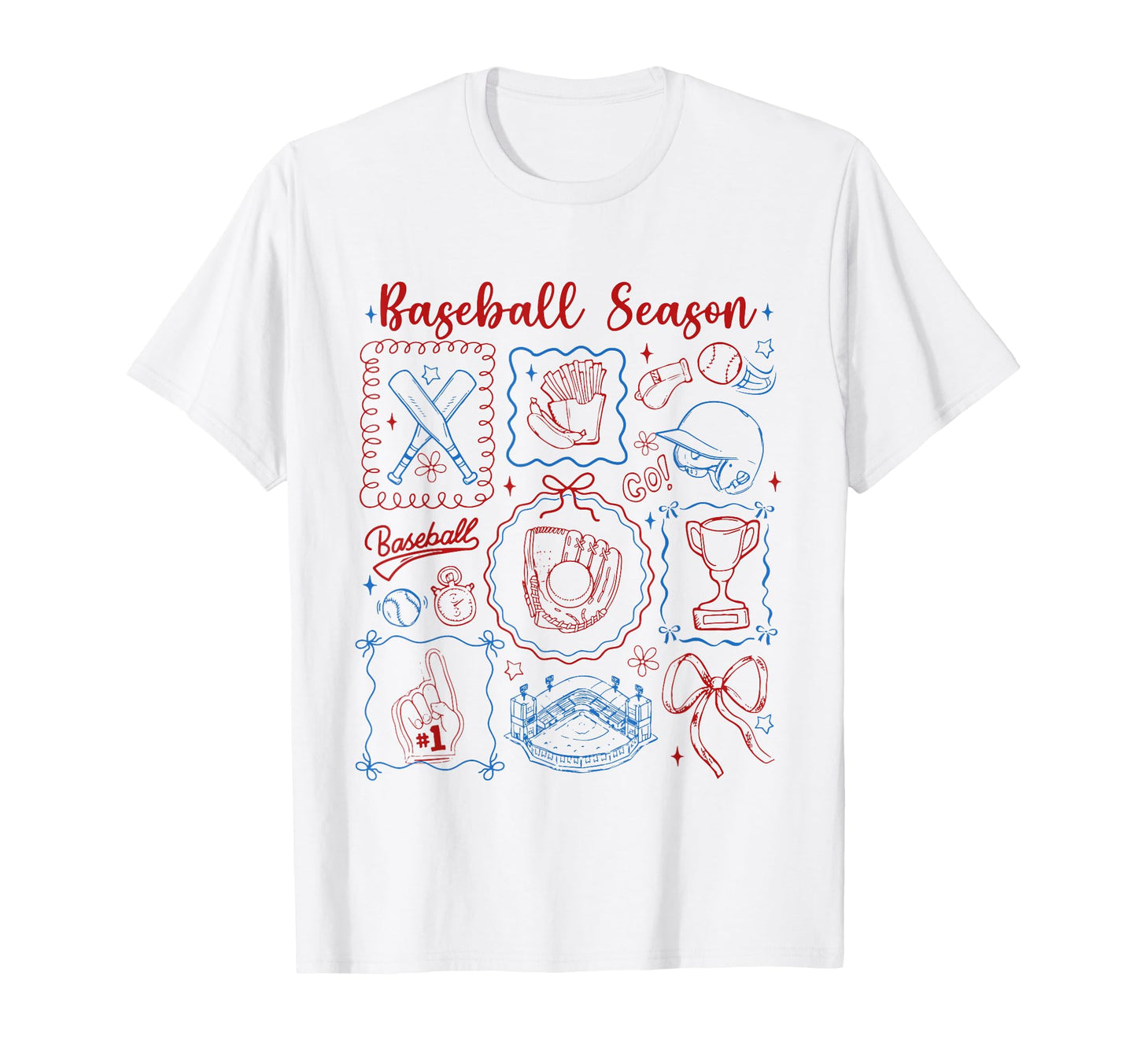 Coquette Bow Baseball Season Doodles T-Shirt - Graphic Print for Adults - T-Shirt, Sweatshirt, Hoodie