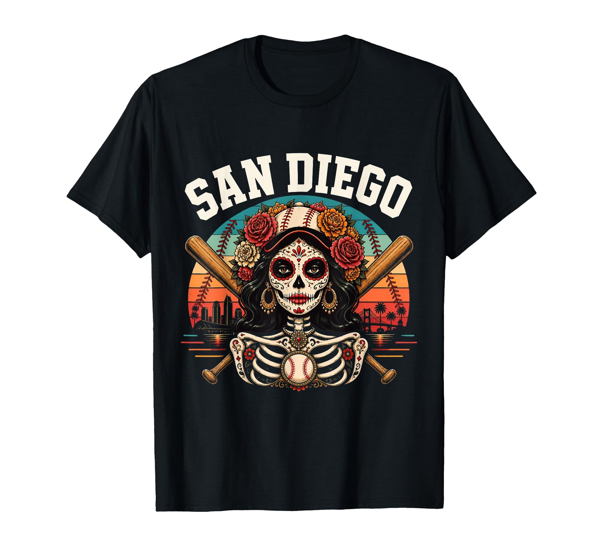 Funny San Diego Sugar Skull Flower T-Shirt - Minimalist Print Men Women - T-Shirt, Sweatshirt, Hoodie