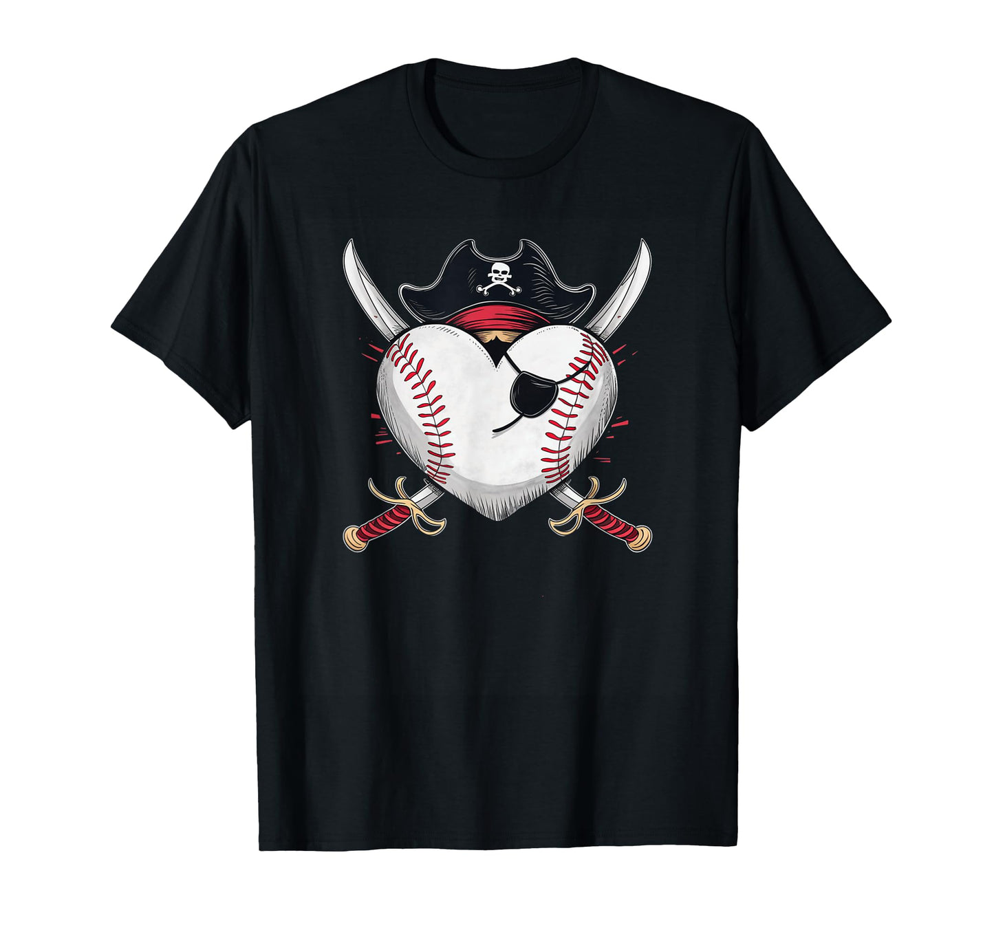 Pirate Baseball Heart Skull Hat T-Shirt - Novelty Apparel for Adults - T-Shirt, Sweatshirt, Hoodie