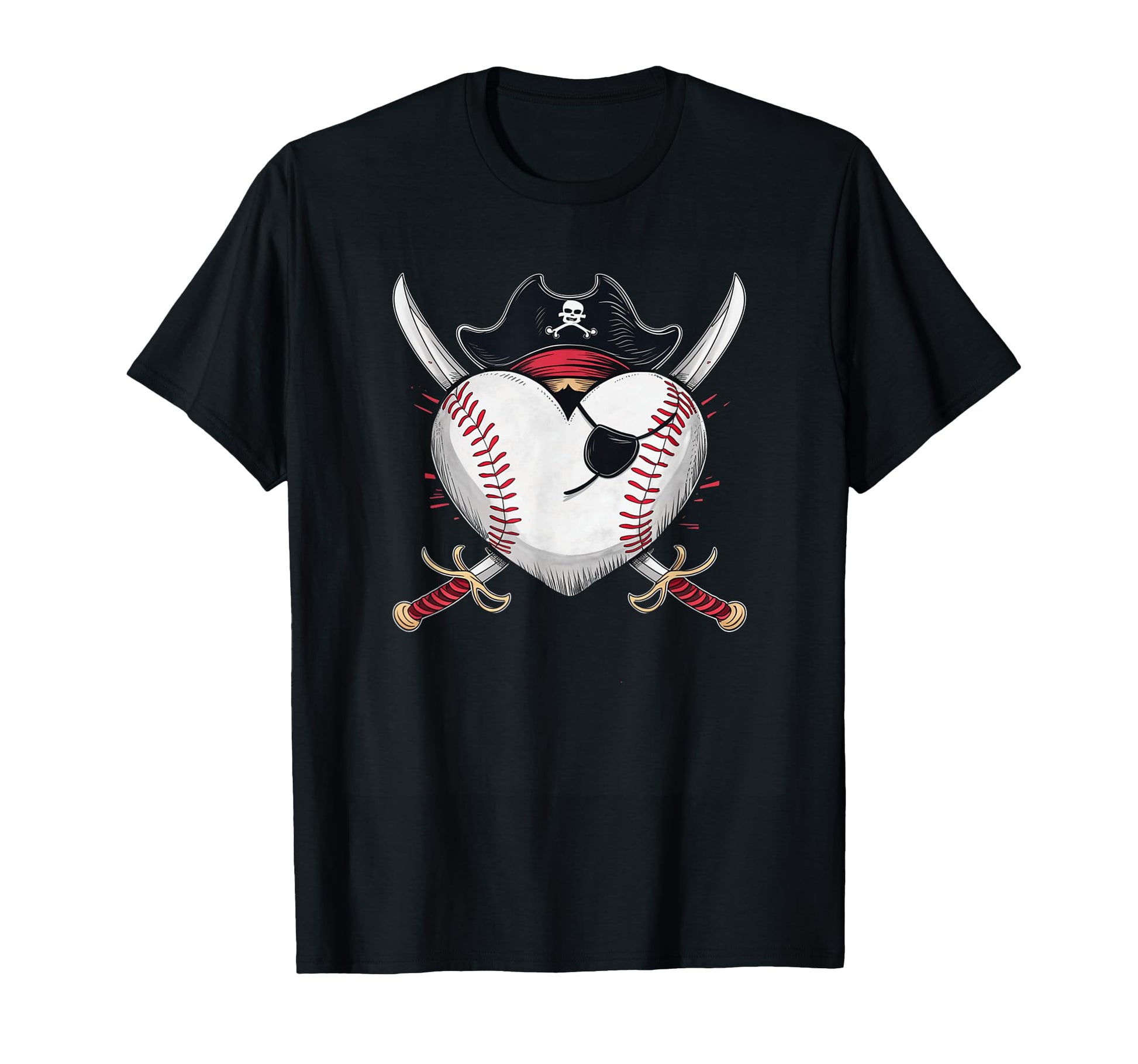 Pirate Baseball Heart Skull Hat T-Shirt - Novelty Apparel for Adults - T-Shirt, Sweatshirt, Hoodie