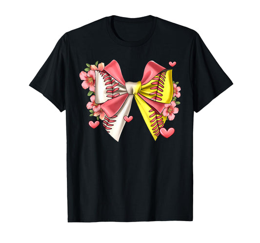 Baseball Coquette Bow Softball Flower T-Shirt - Custom Art Print Unisex - T-Shirt, Sweatshirt, Hoodie