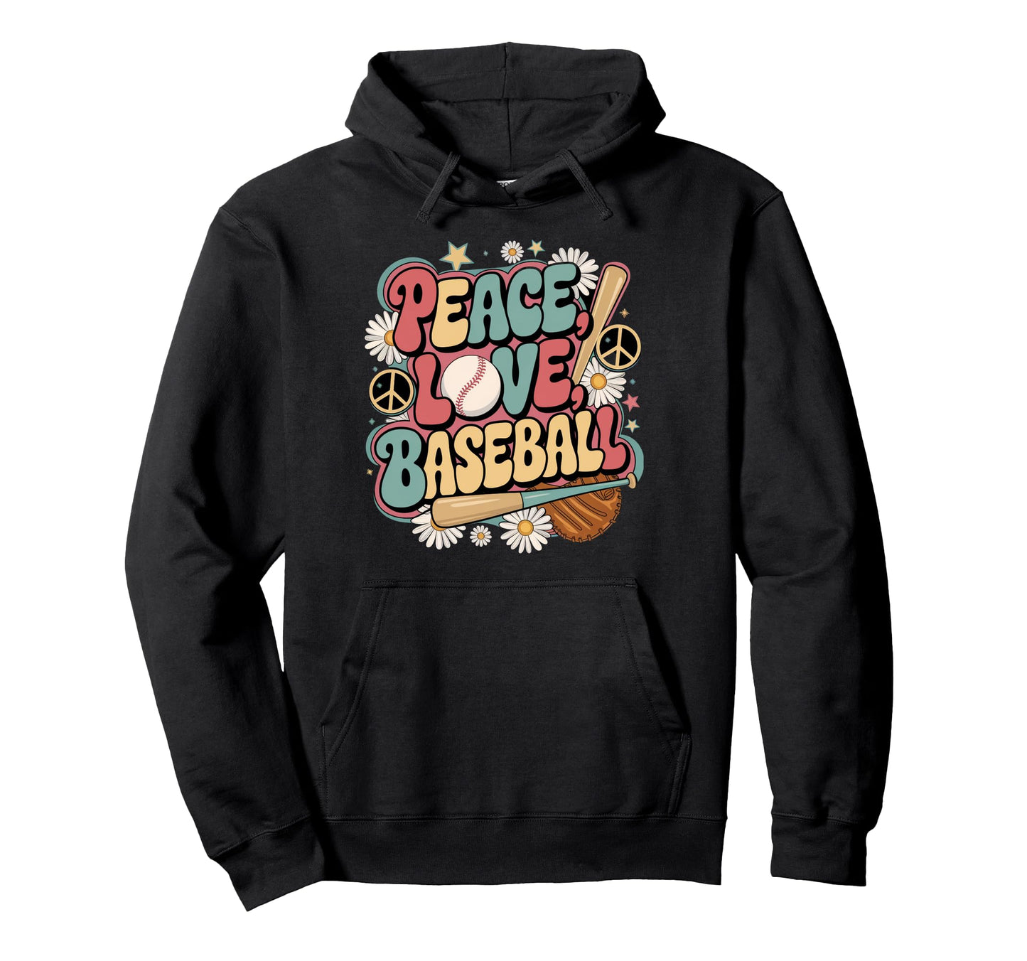 Peace Love Baseball 60S 70S Hippie Hoodie - Fun Novelty Design Men Women - T-Shirt, Sweatshirt, Hoodie