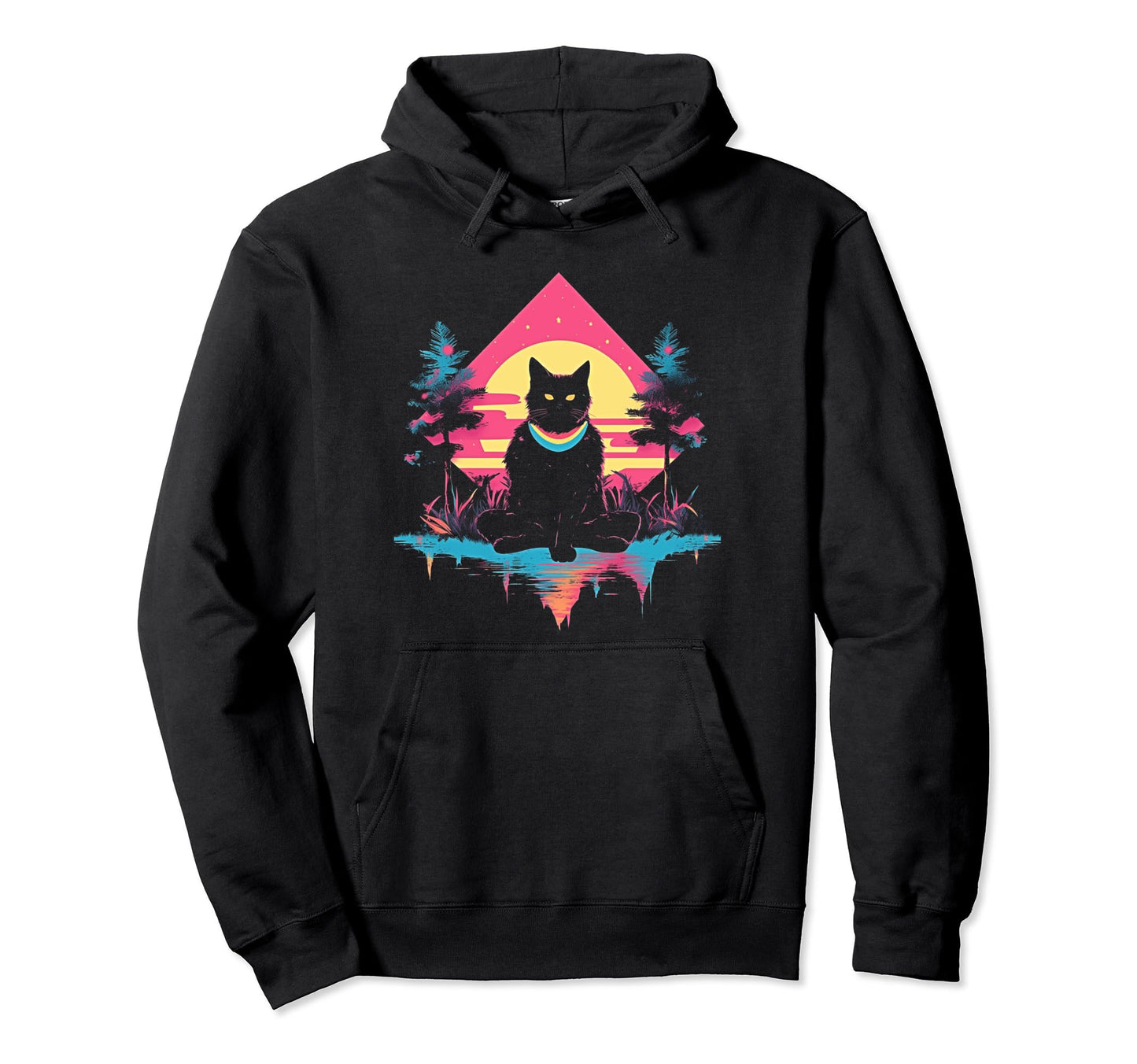 Synthwave Cat Samurai Mediation Vaporwave Hoodie - Graphic Print Unisex - T-Shirt, Sweatshirt, Hoodie