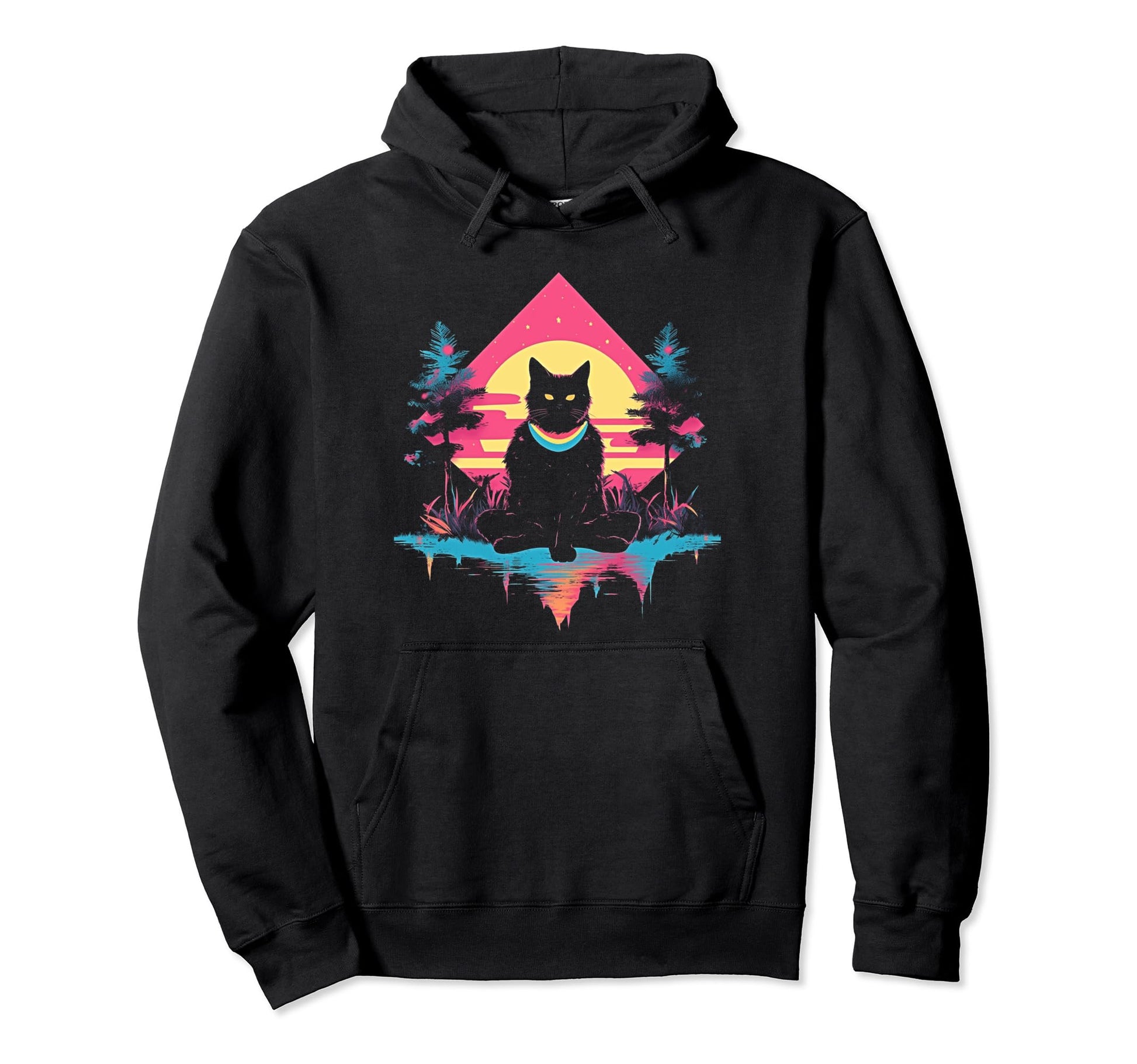 Synthwave Cat Samurai Mediation Vaporwave Hoodie - Graphic Print Unisex - T-Shirt, Sweatshirt, Hoodie