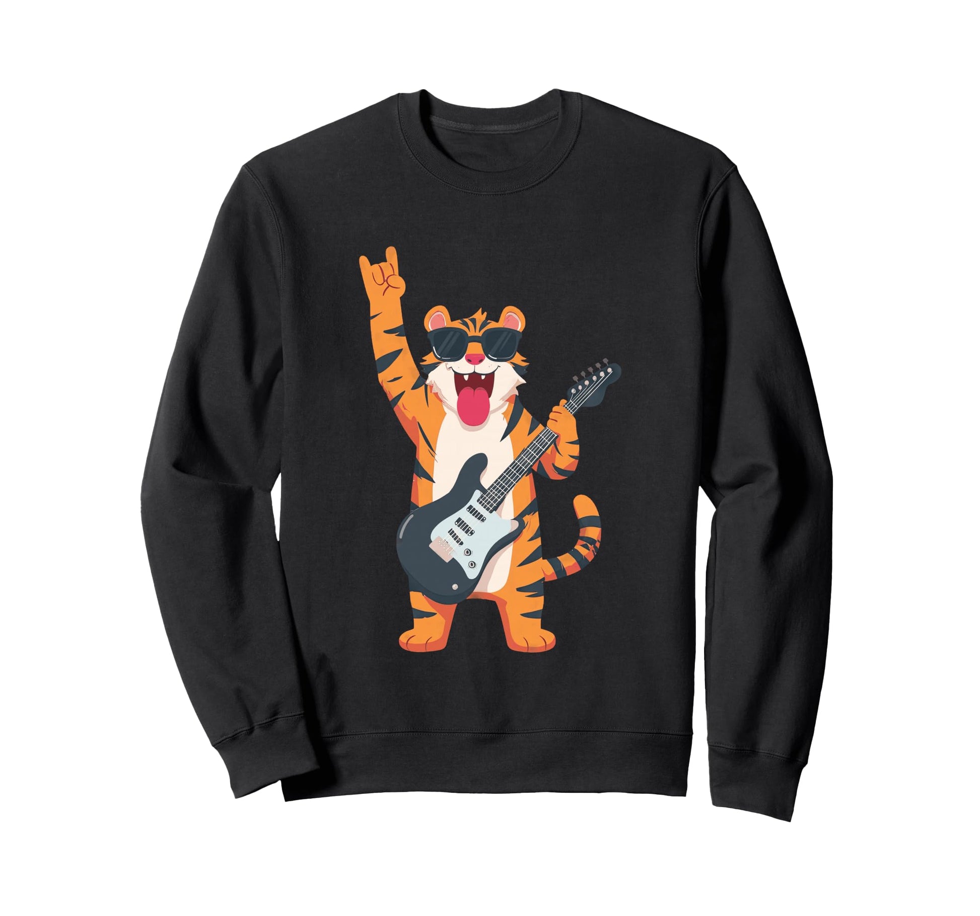 Funny Cartoon Tiger Rock Music Guitar Sweatshirt - Unique Graphic Unisex - T-Shirt, Sweatshirt, Hoodie
