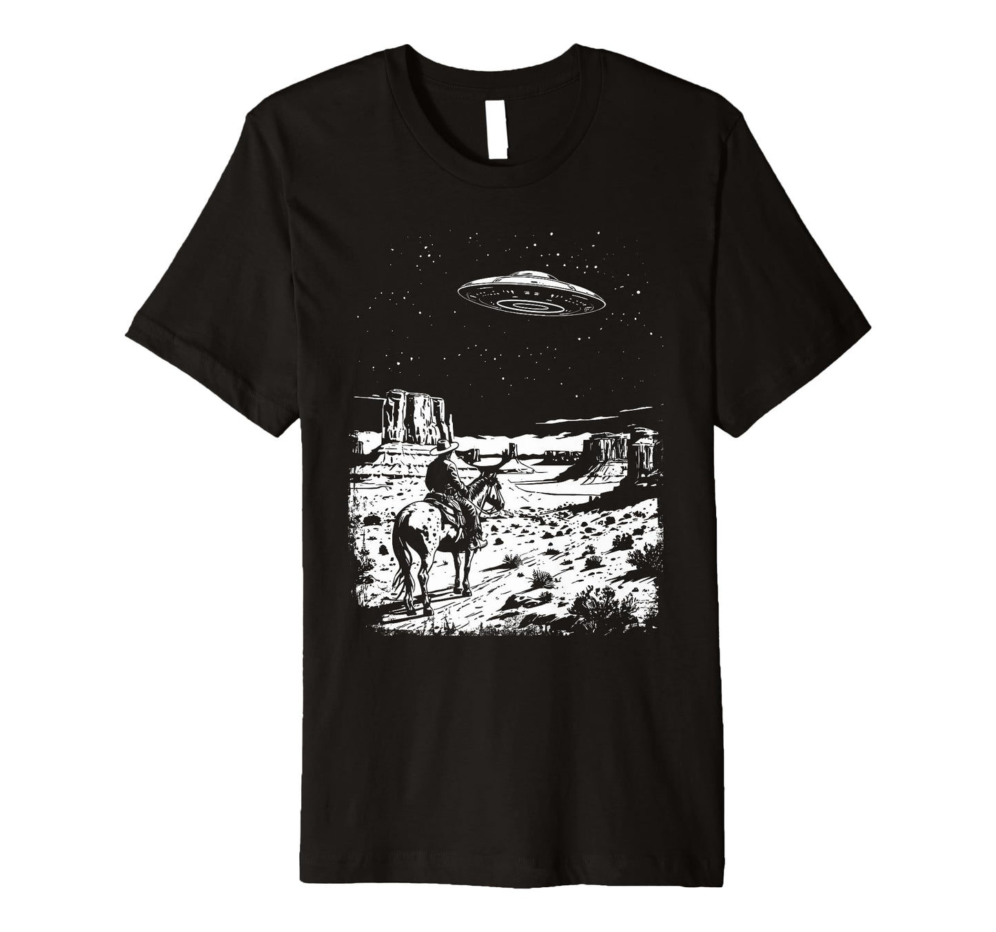 Ufo Western Cowboy Under Night Stars T-Shirt - Graphic Print Men Women - T-Shirt, Sweatshirt, Hoodie