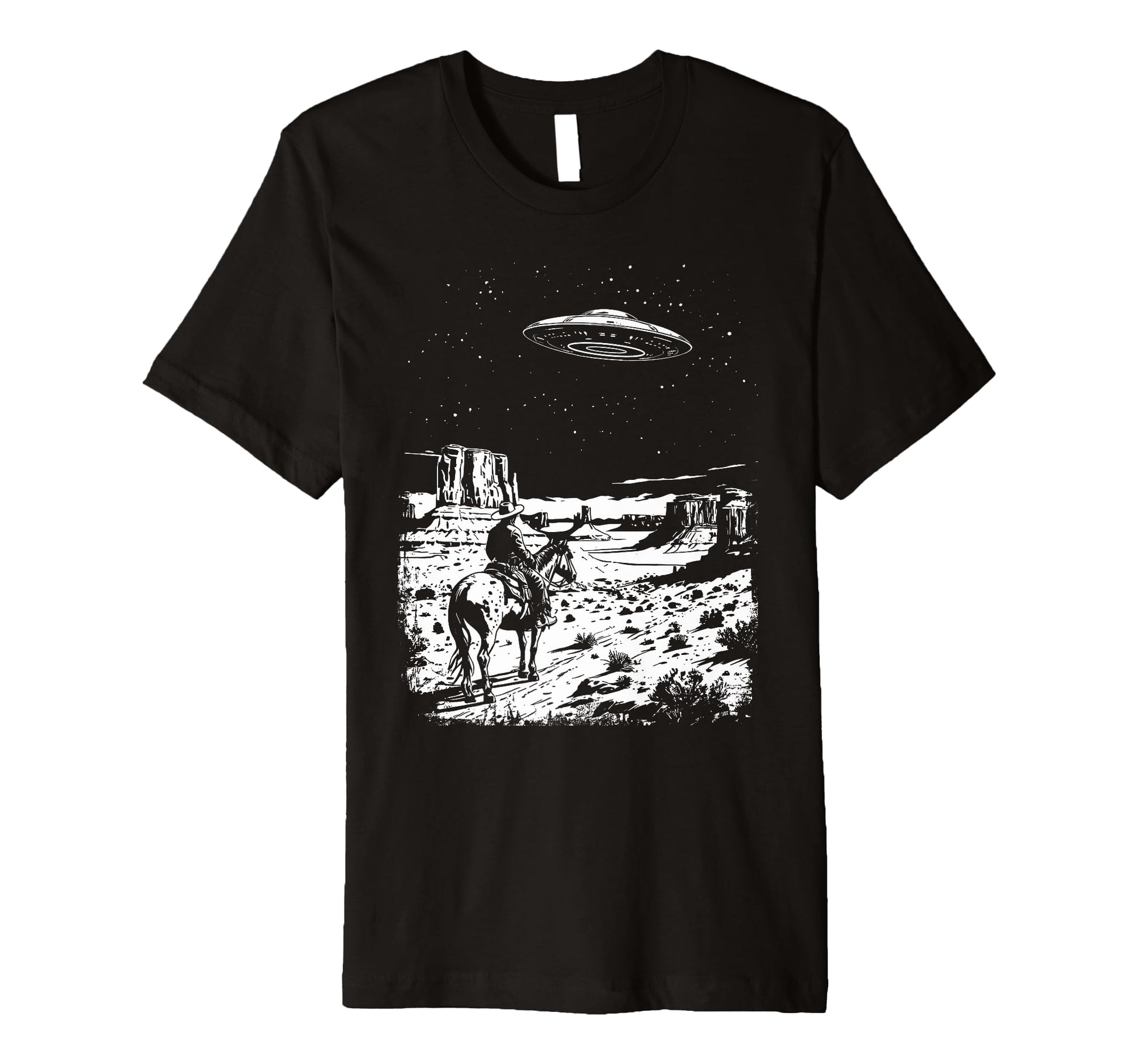 Ufo Western Cowboy Under Night Stars T-Shirt - Graphic Print Men Women - T-Shirt, Sweatshirt, Hoodie