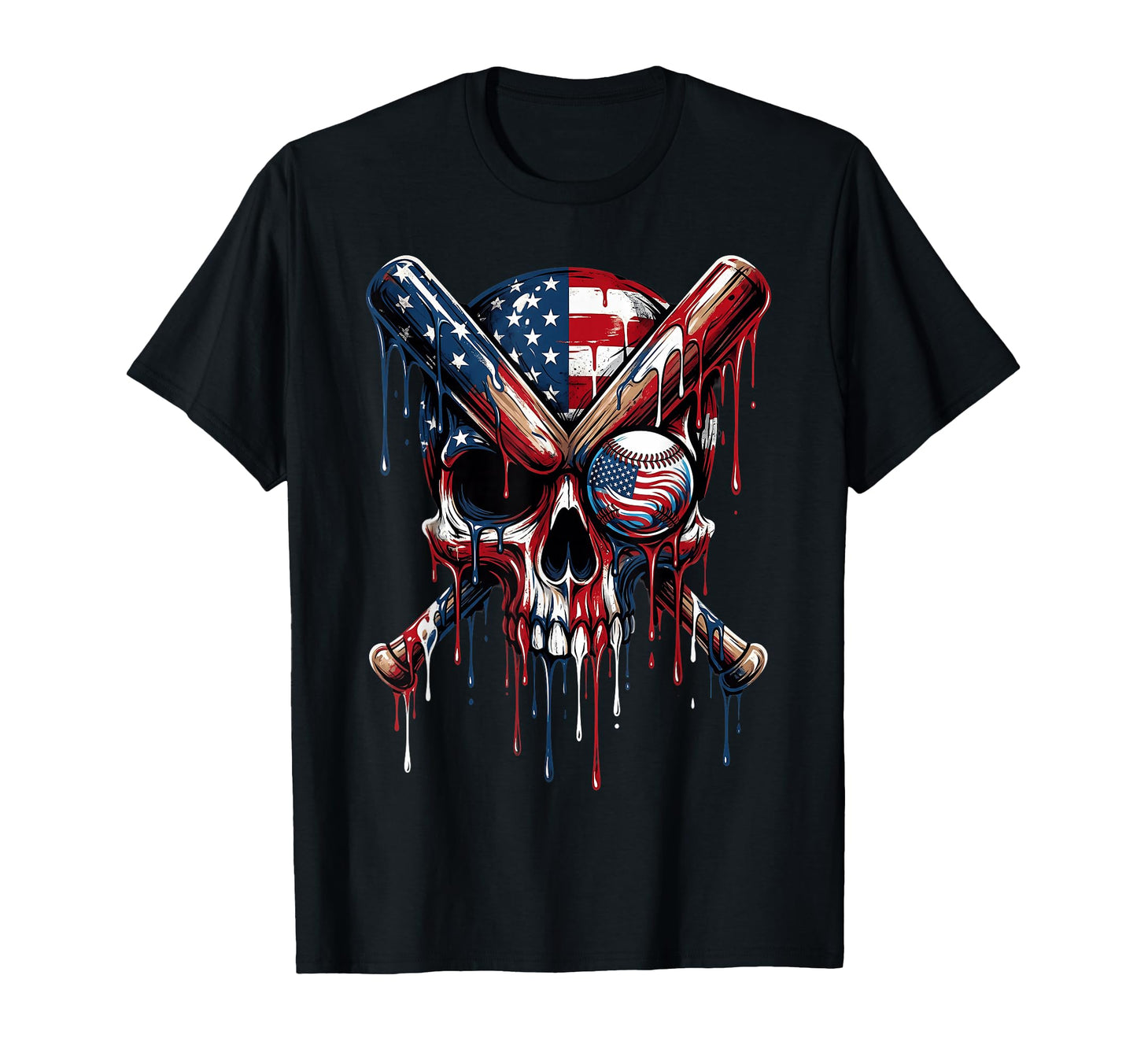 Drip Baseball American Flag Skull Dripping T-Shirt - Unique Graphic Unisex - T-Shirt, Sweatshirt, Hoodie