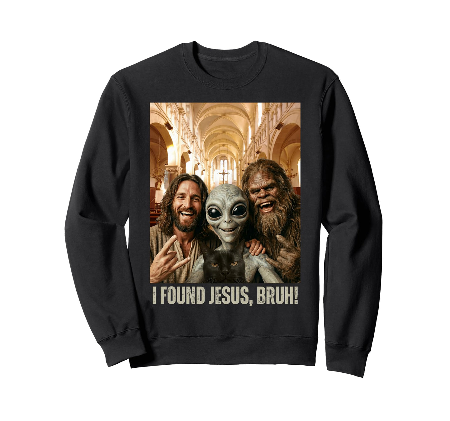 Bruh Bigfoot Alien Jesus Rock Hand Sweatshirt - Unique Graphic Men Women - T-Shirt, Sweatshirt, Hoodie