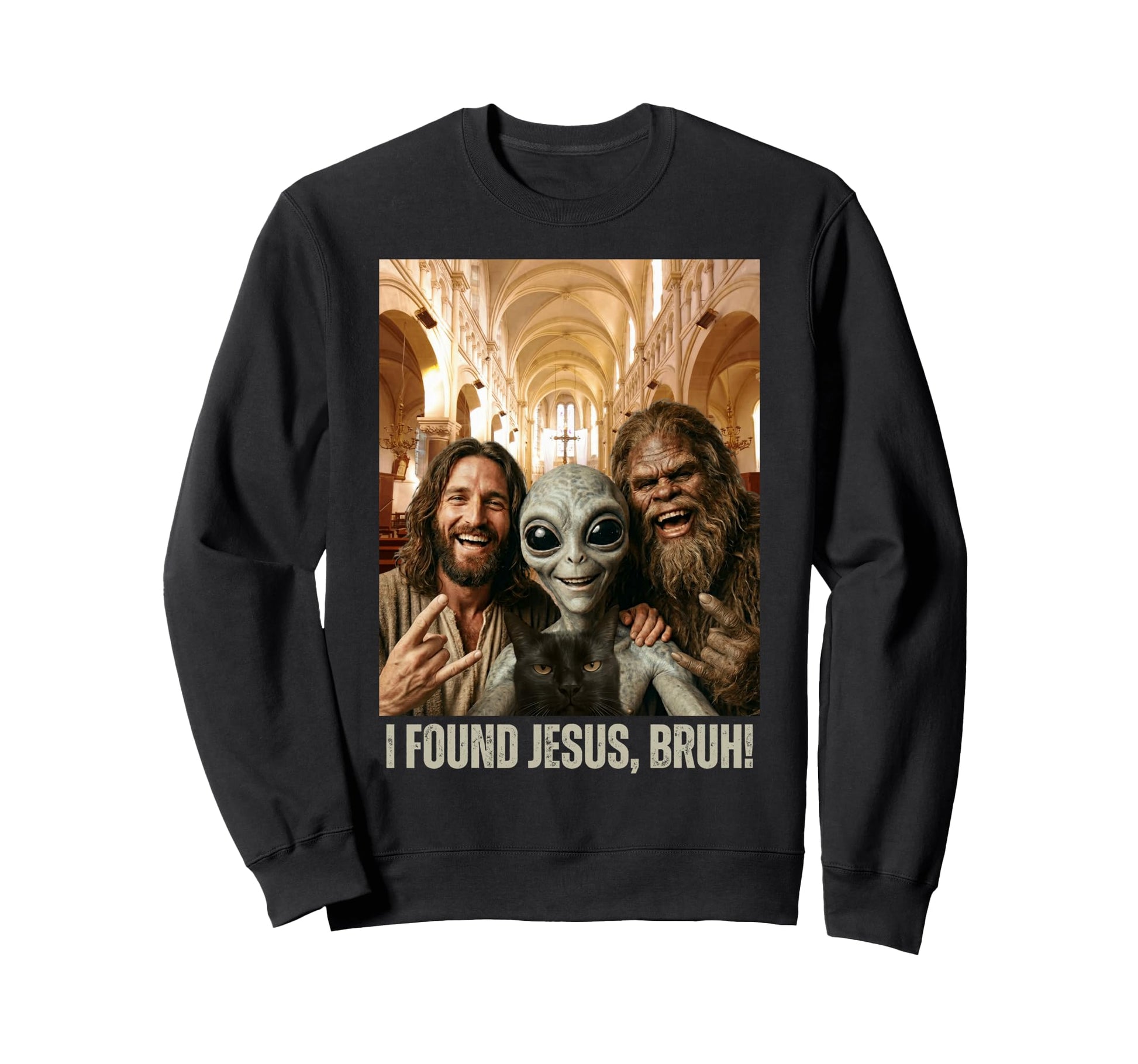Bruh Bigfoot Alien Jesus Rock Hand Sweatshirt - Unique Graphic Men Women - T-Shirt, Sweatshirt, Hoodie