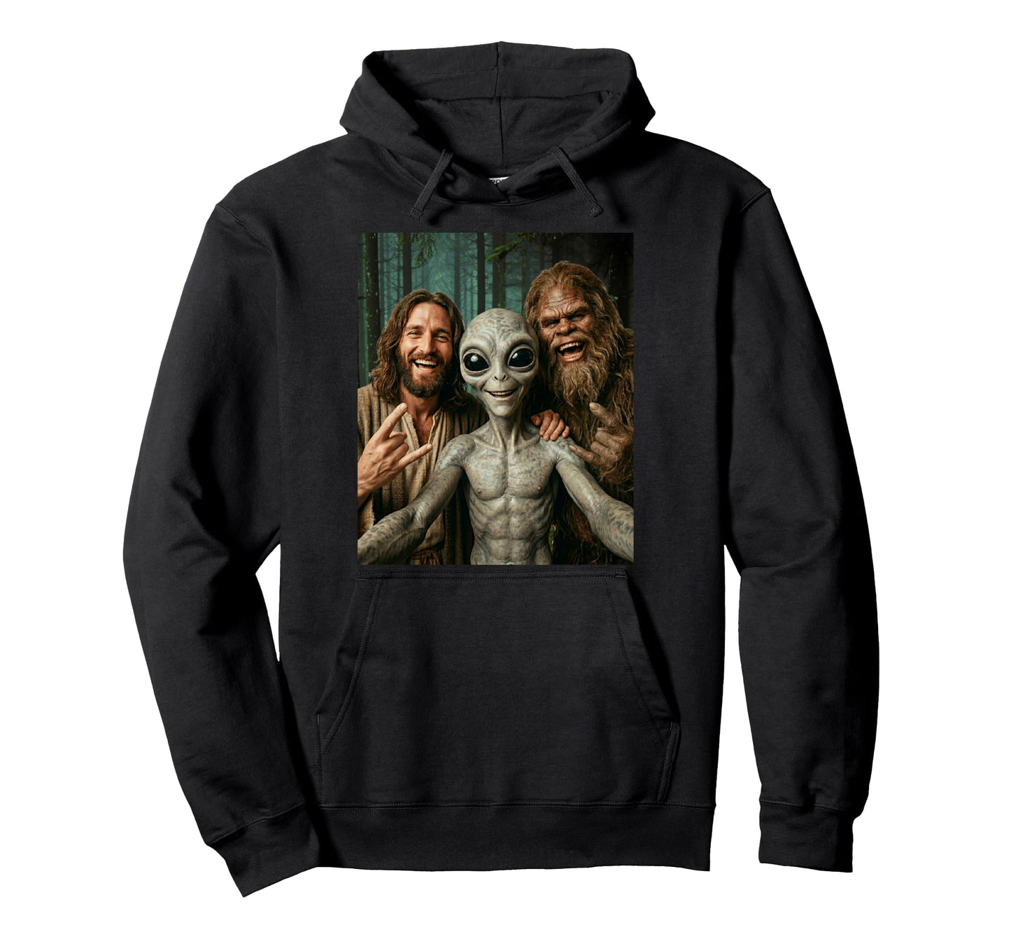 Funny Bigfoot Alien Jesus Rock Hand Hoodie - Minimalist Print Men Women - T-Shirt, Sweatshirt, Hoodie