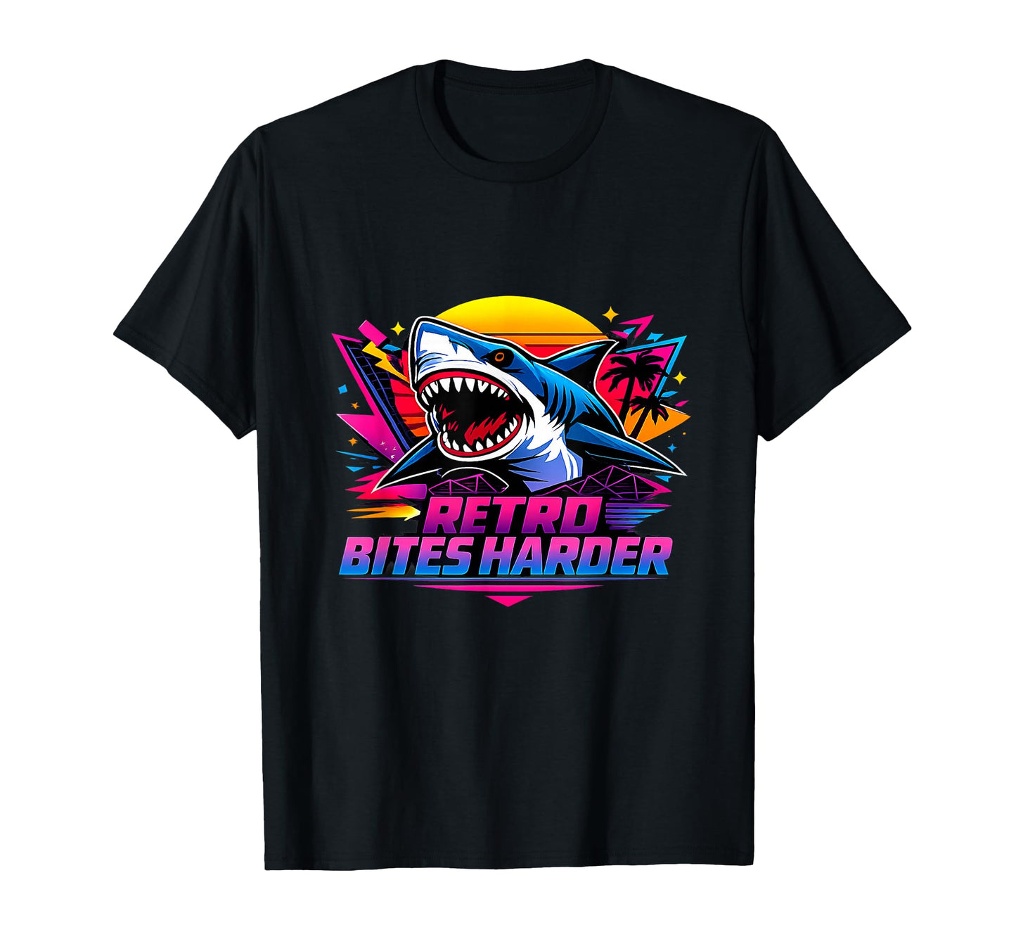 Bites Harder 80S Shark Synthwave Arcade T-Shirt - Novelty Apparel Unisex - T-Shirt, Sweatshirt, Hoodie