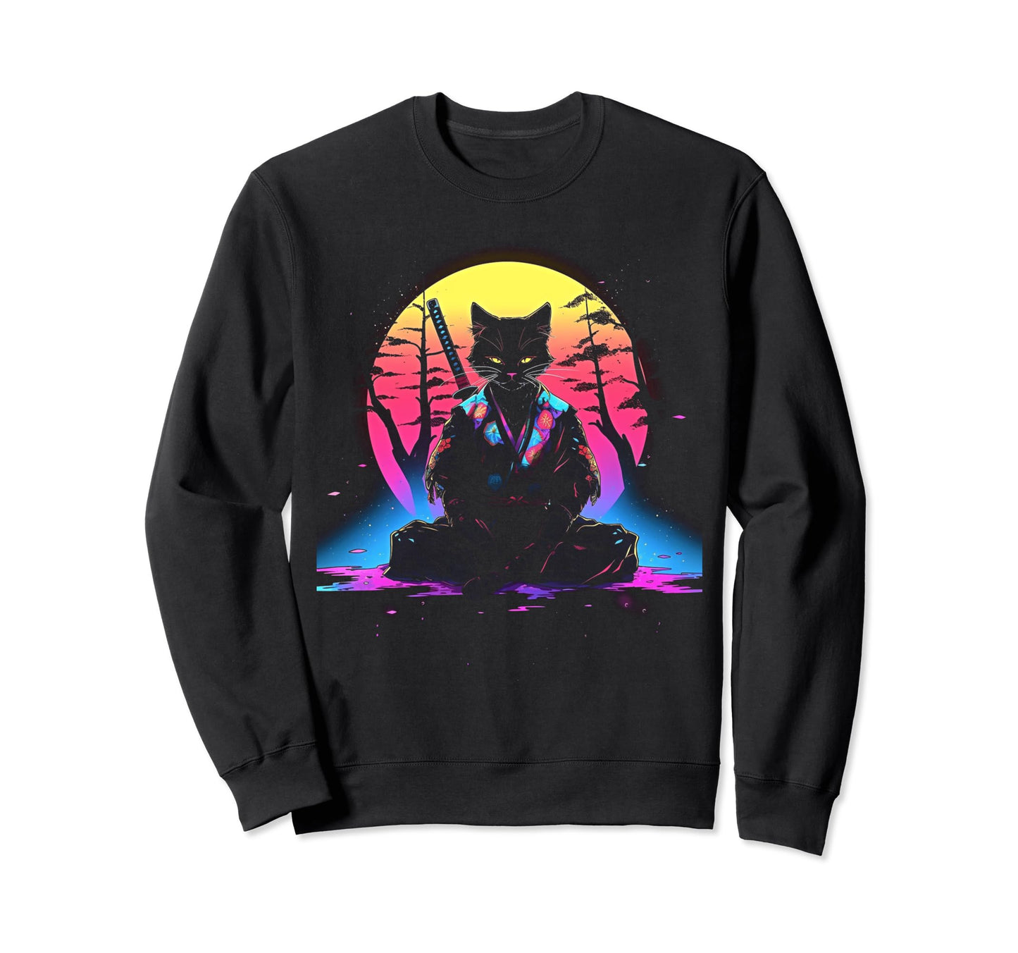 Synthwave Cat Samurai Mediation Sweatshirt - Trendy Graphic Unisex - T-Shirt, Sweatshirt, Hoodie