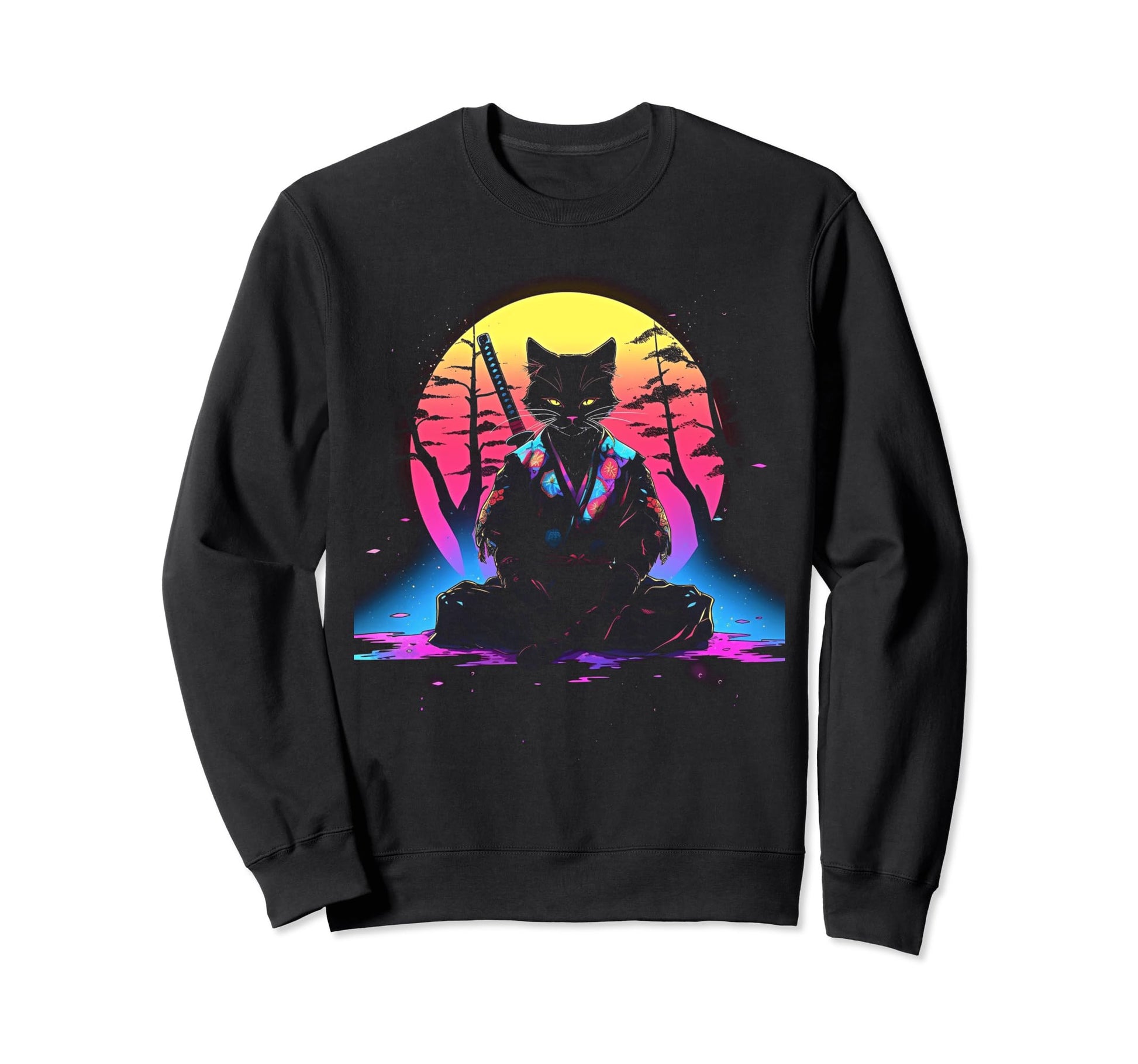 Synthwave Cat Samurai Mediation Sweatshirt - Trendy Graphic Unisex - T-Shirt, Sweatshirt, Hoodie
