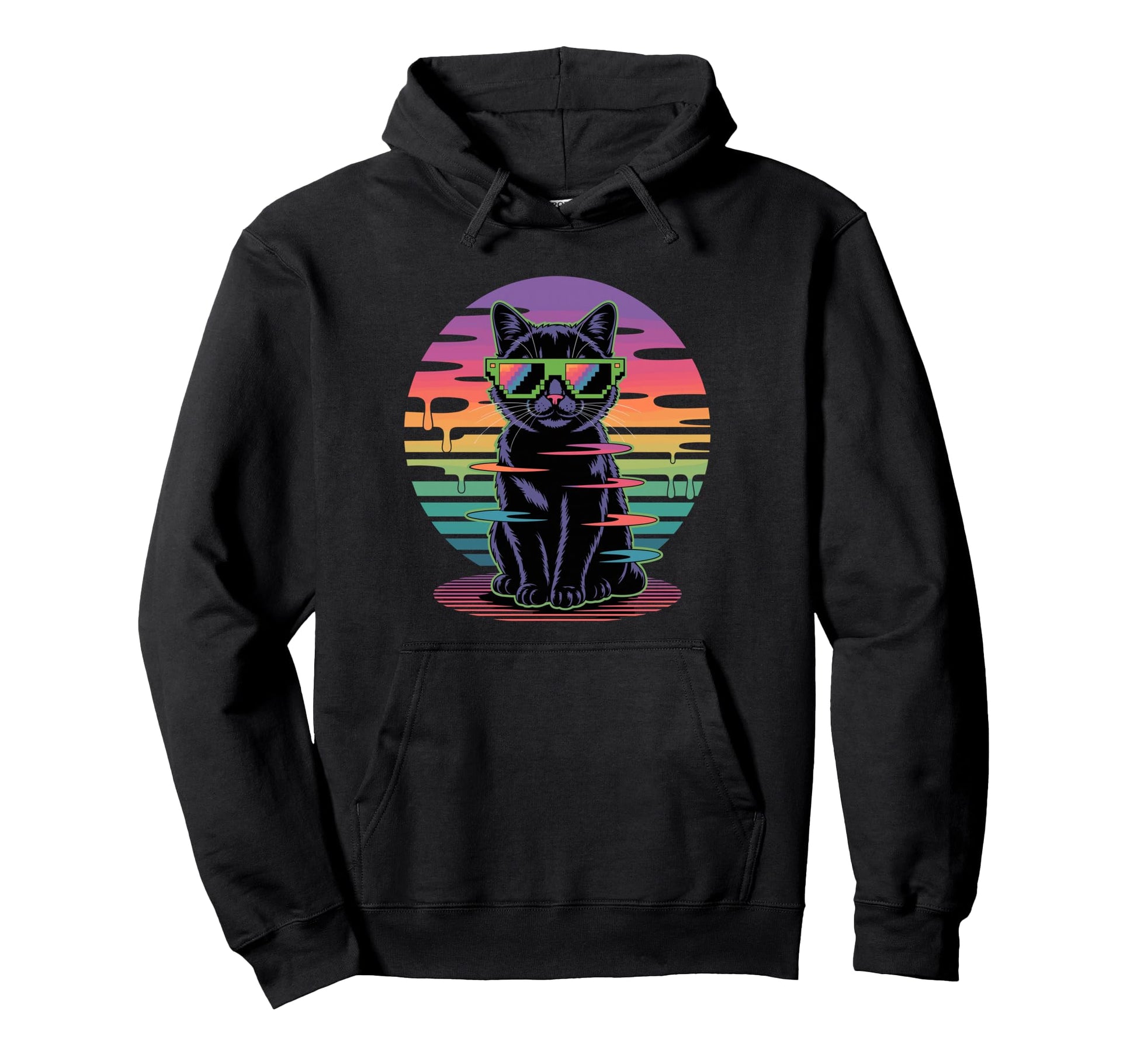 Vaporwave Black Cat Pixel Hoodie - Casual Everyday Wear Men Women - T-Shirt, Sweatshirt, Hoodie
